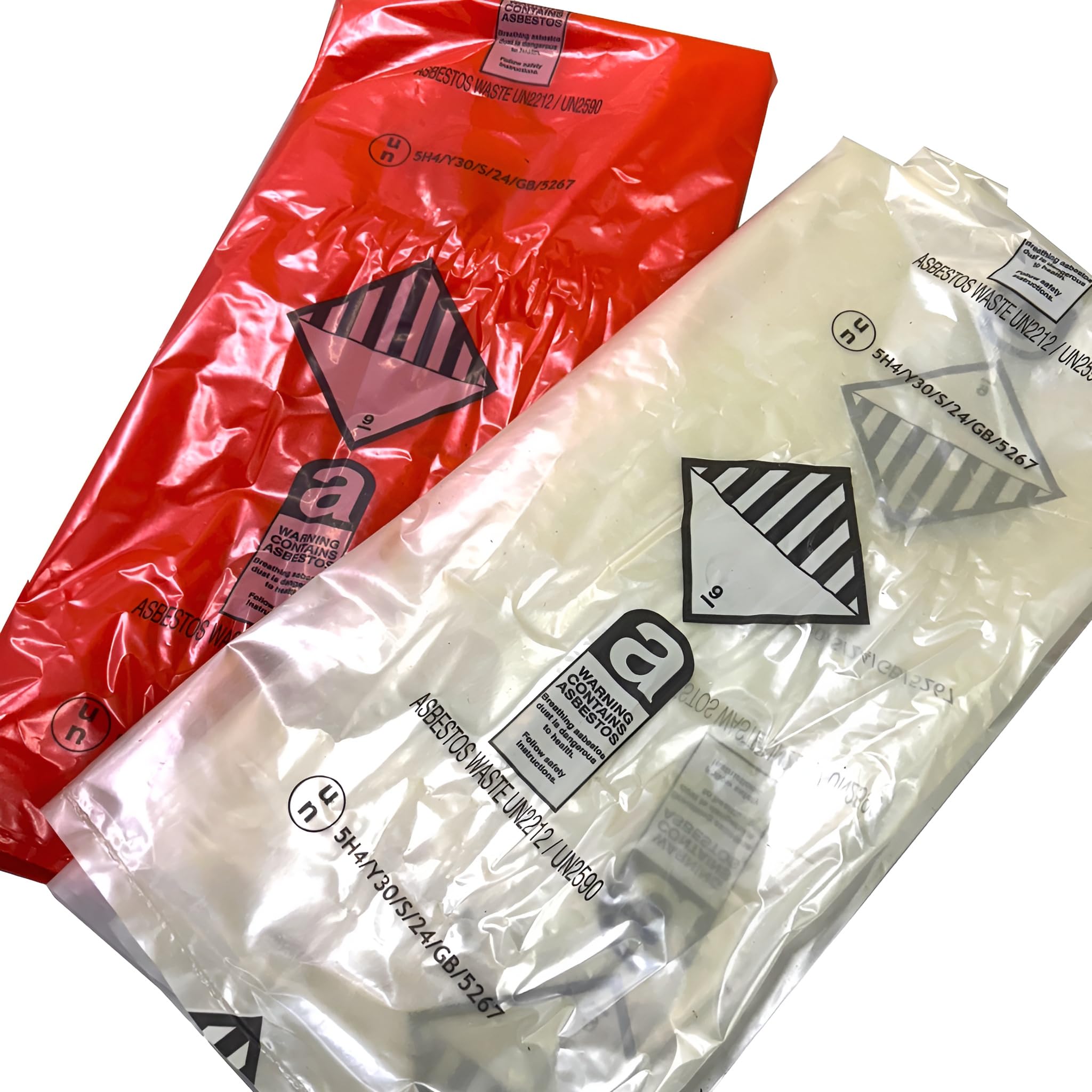 Sacchetti per rifiuti di amianto resistenti, 120 x 90 cm, contrassegnati UN2212/UN2590, capacità 30 kg, confezione da 5, resistenti agli strappi, colore: rosso e trasparente (5)