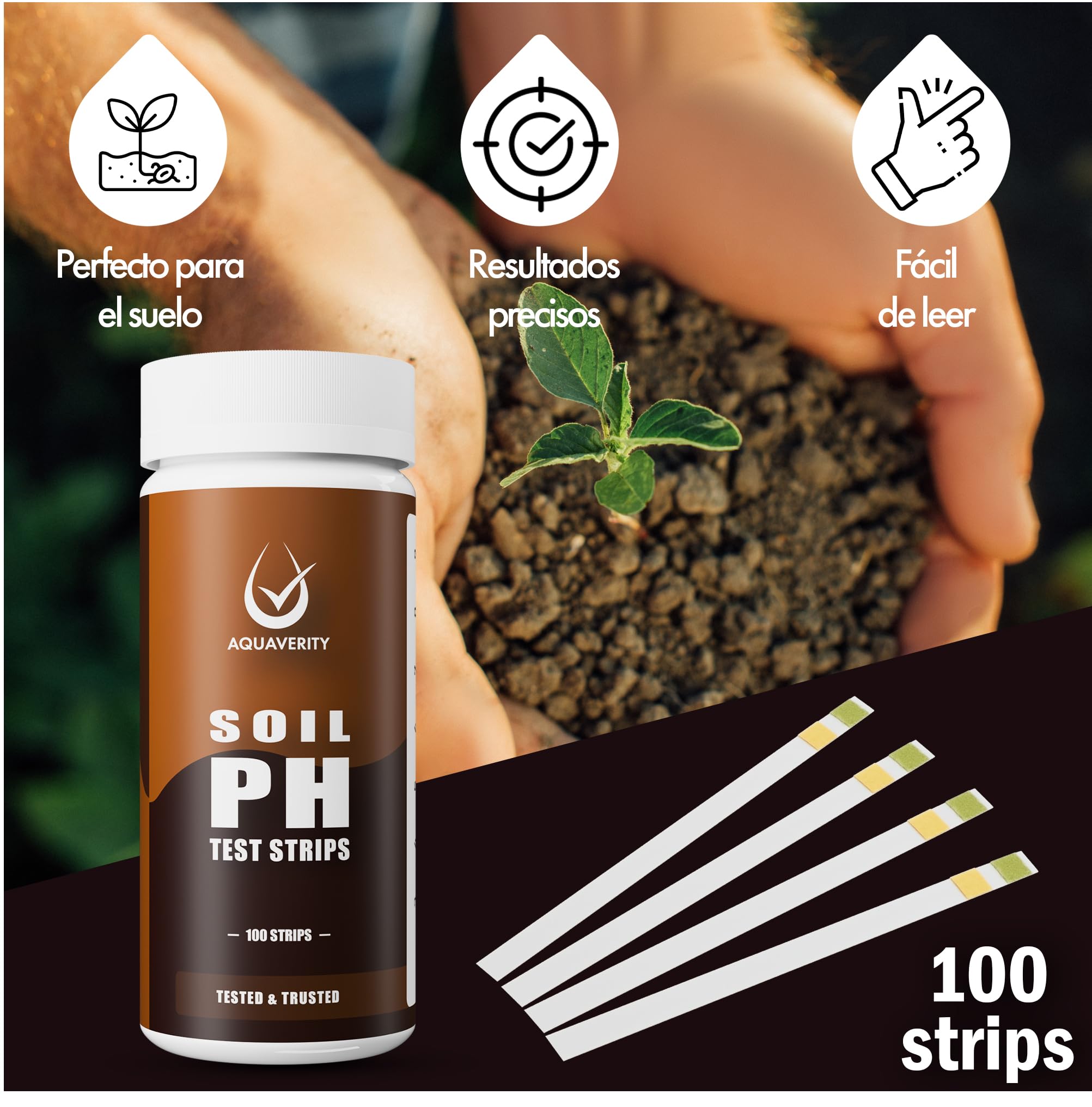 Kit de prueba de suelo: 100 tiras de prueba de pH del suelo (rango 3-9) pruebas de pH rápidas y precisas para jardín, césped y plantas | Tiras probadoras de pH fáciles de