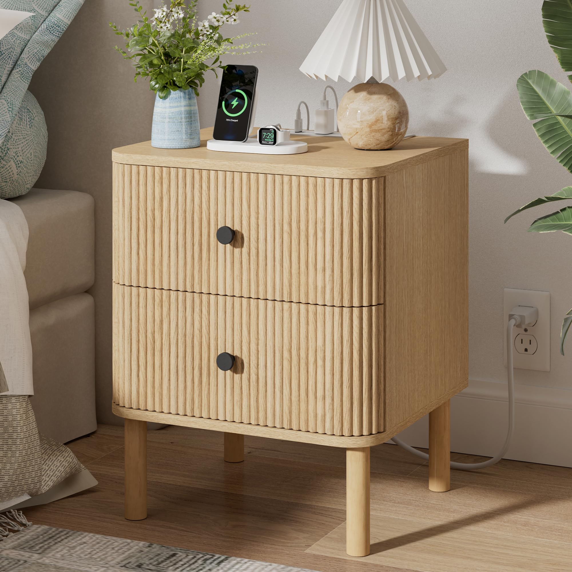FavourLife Night Stand with Charging Station, 18" Fluted Nightstand with Rounded Corners & Solid Wood Legs, 2 Drawers End Table with Storage, Mid