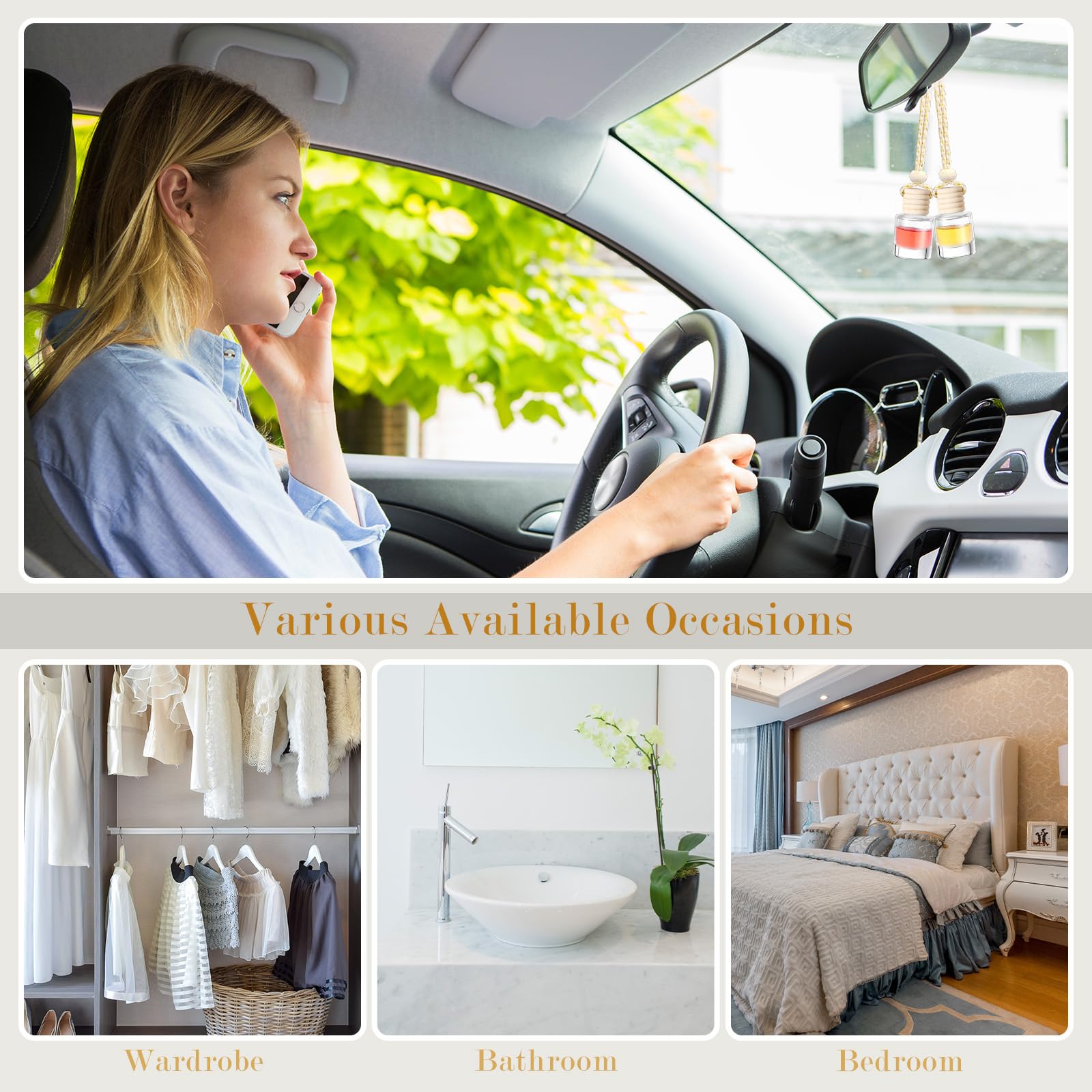 200 ambientadores colgantes de 8 ml para coche, botellas difusoras de aceites esenciales vacías transparentes para aromaterapia, fragancia, perfume, colgante, frascos de vidrio, decoración