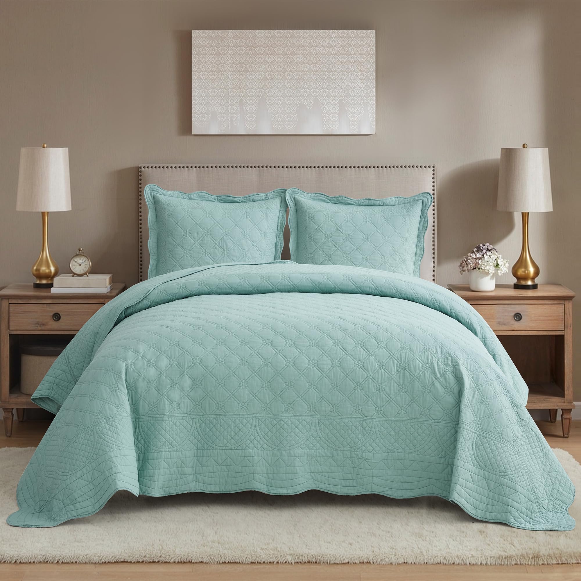 CHIXIN Cotton Bedspread Full Size - Real Stitching - Luxury Quilted Bedding Cover for All Season, Reversible, Ultra Soft, Lightweight, 3 Piece,