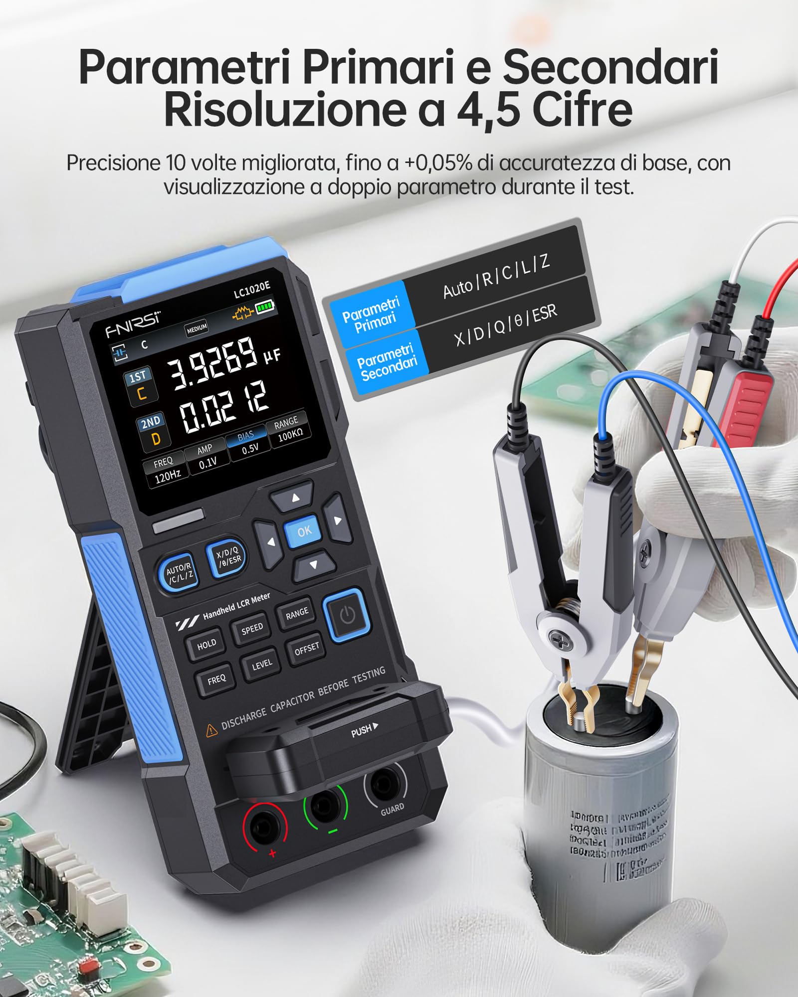 FNIRSI LC1020E Misuratore LCR 100kHz, Tester per Resistori Induttori Condensatori, 19999 Conteggi, Rilevamento Auto Componenti, Misura ESR/Q/D/θ/X, Doppio Parametro, Calibrazione Aperto/Cortocircuito