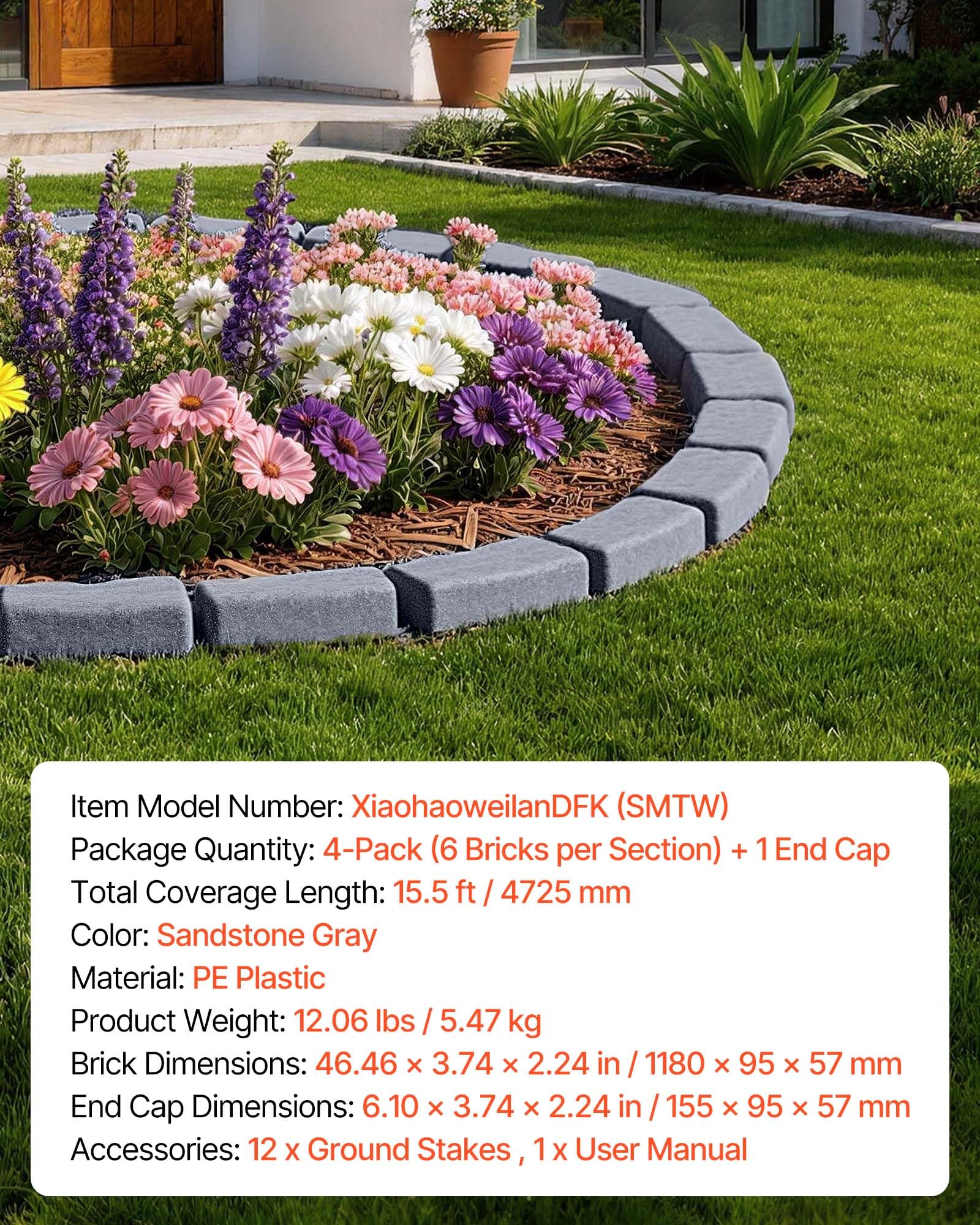 VEVOR Bordure de Jardin Imitation Pierre 4,7 m Bordure Parterre Aspect Pierre Plastique pour Pelouse Allée, Lot de 4, 6 Briques par Section 1180x95x57 mm, 12 Piquets, 1 Embout, sans Creuser, Gris Grès