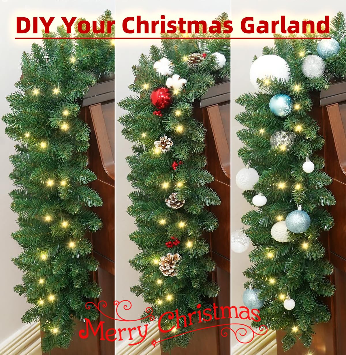 Guirnalda Luces de Navidad, 4M 80LED Artificial, PVC Guirnalda de Abeto Guirnalda de Pino, Navidad Decoradas al Aire Libre de Interior para la Fiesta de Chimenea Escalera