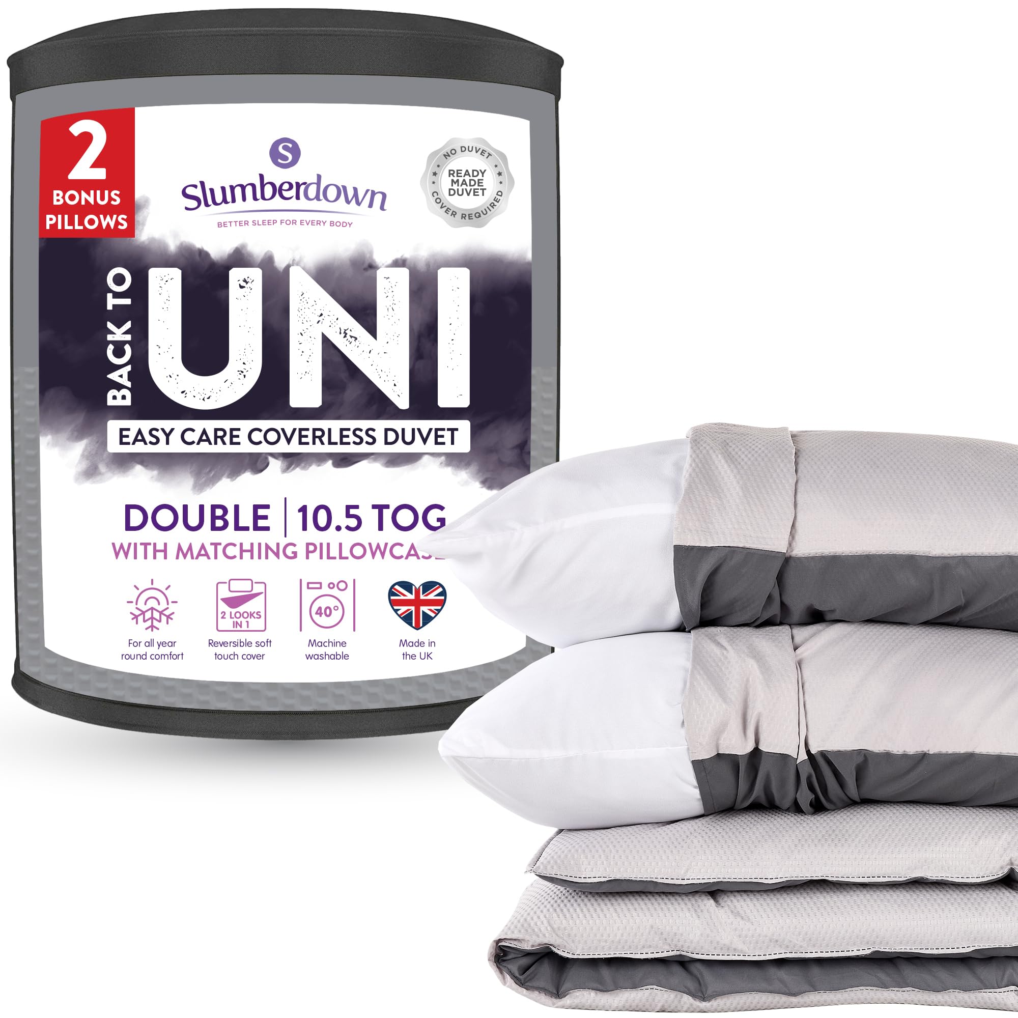 Slumberdown Unisex Grey Back To Uni Embossed Waffle 10.5 Duvet, 2 Pillows In Double