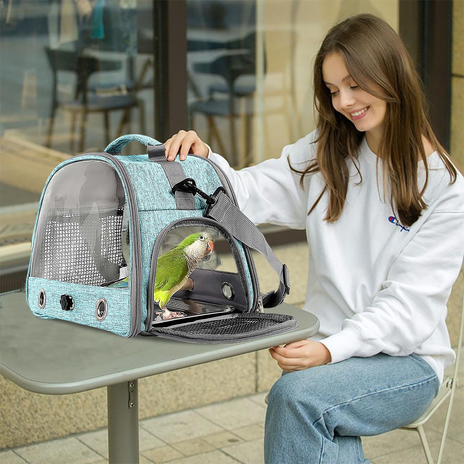Borsa per il Trasporto di Uccelli con Asta e Vassoio in Acciaio Inox, Zaino Portatile per Pappagalli con Asta di Legno (Blue)