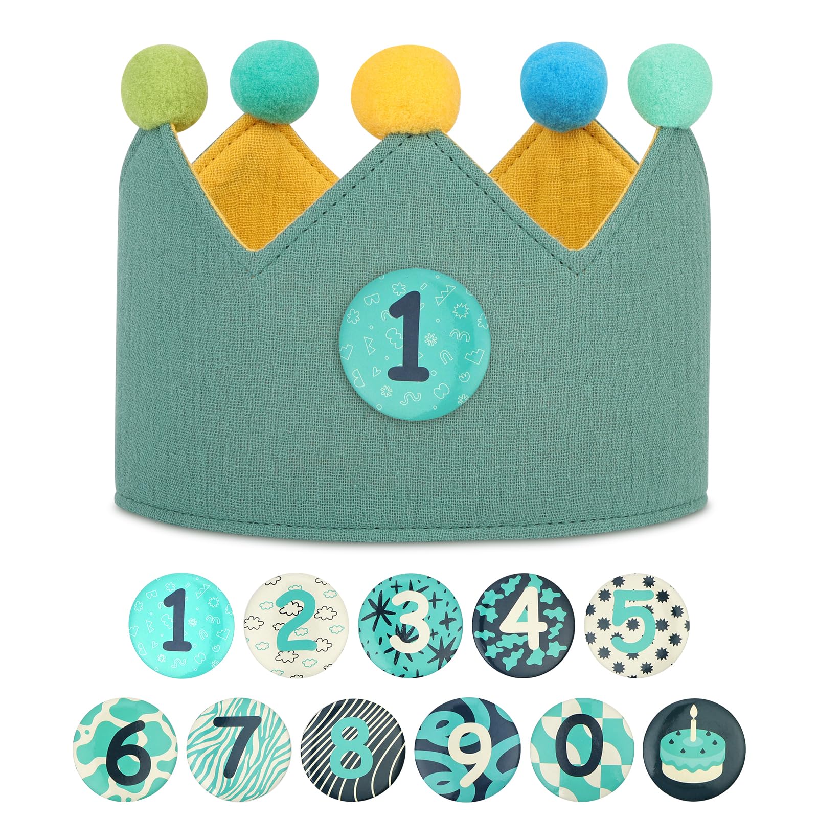 URAQT Kinder Geburtstagskrone, Geburtstagskrone für Jungen und Mädchen, Doppelseitige Wendbare, Kinder Geburtstagsgeschenke, Klett-Buttons mit Auswechselbaren Zahlen von 0-9(Grün+Gelb)