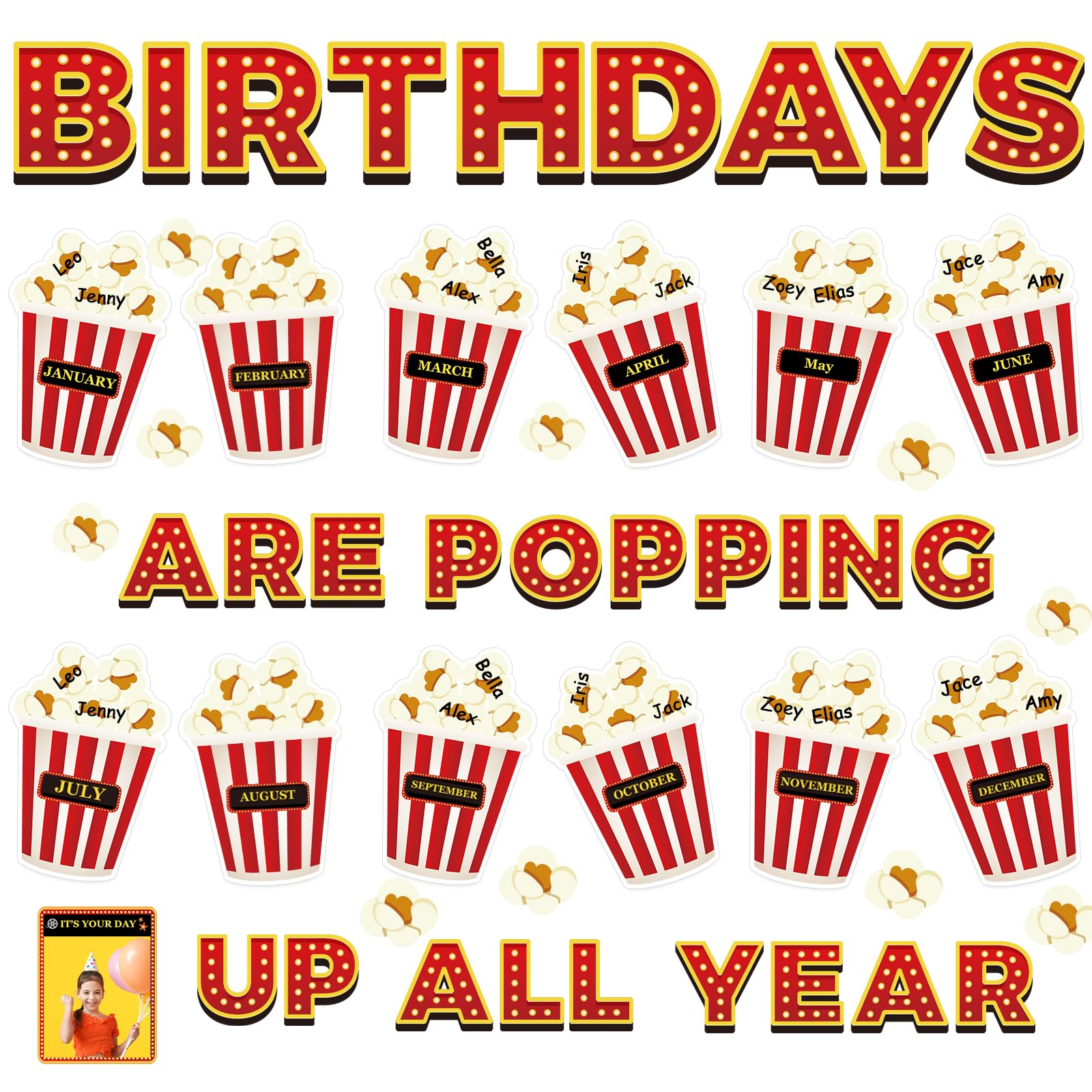 Loneliness 66PCS Popcorn Birthday Bulletin Board Set Classroom Decorations Popcorn DIY Photo Crafts Cutouts for Students Kindergarten Classroom Office