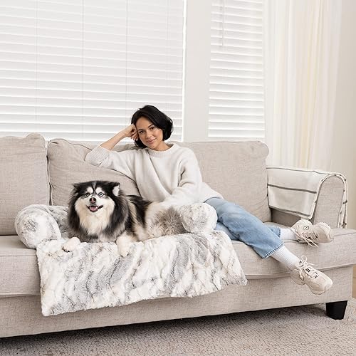 Cama calmante para perros y gatos  Cama mullida de felpa para perro para automóvil, sofá con funda extraíble lavable y cojín suave para el cuello