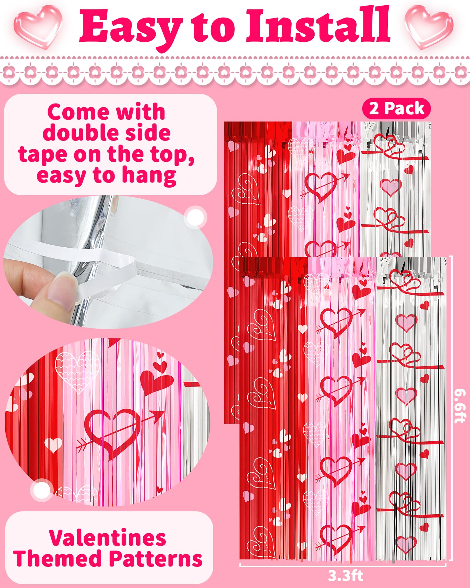 Galentines Decorations Foil Fringe Curtains for Party, 2 Pack 3.3 x 6.6 FT Galentines Day Decorations Red Pink Silver Tinsel Streamer, Galentines Backdrop Heart Decorations for Birthday Wedding