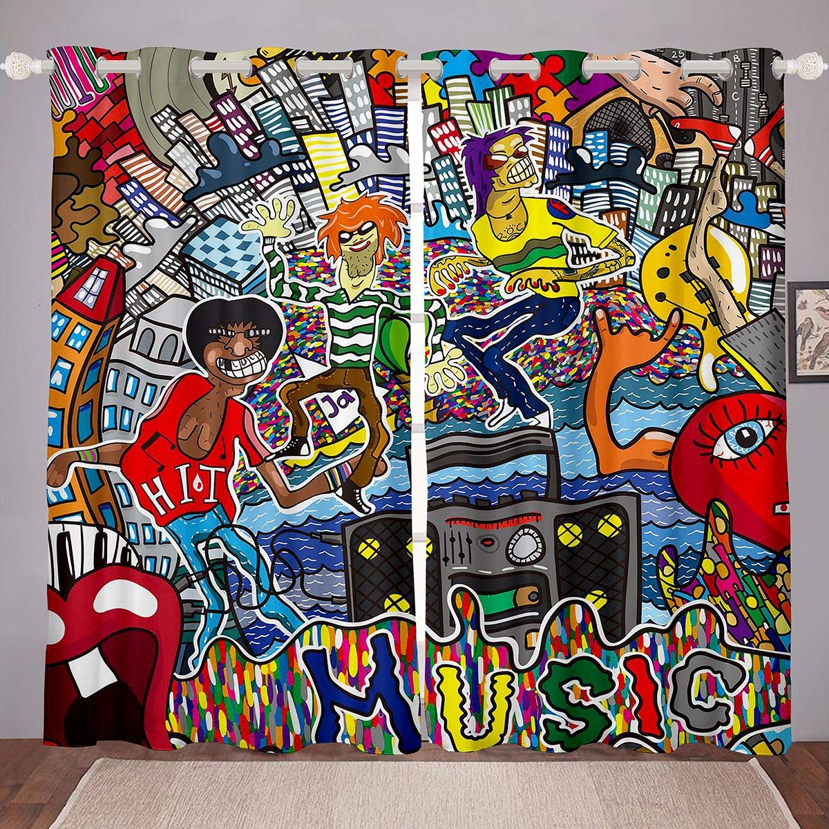 Tende stile hippie graffiti per ragazze ragazzi adolescenti hip hop trattamento finestra cultura strada tende decorazione stanza musica rock tenda finestra a tema W66* L90