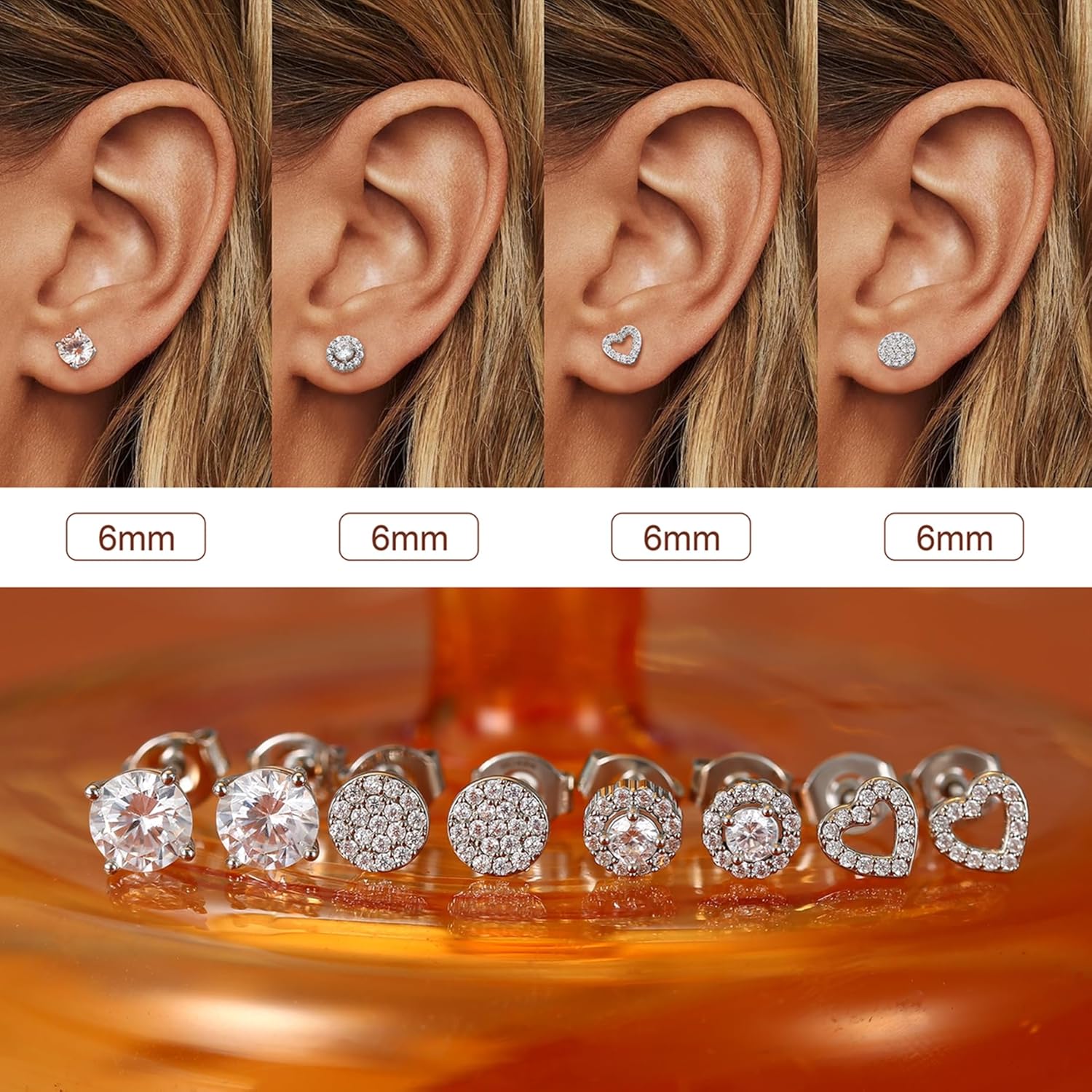 SAILIMUE Hypoallergenic Sterling Silver Stud Earrings for Women Men Brilliant Heart Knot Round Cubic Zirconia Earring Studs for Sensitive Ears Gold Silver Tone - Image 6