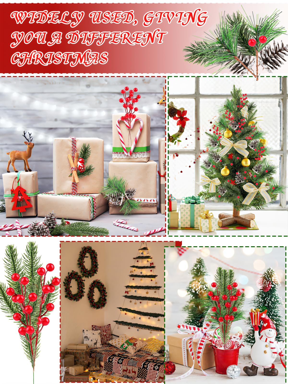 Kalolary Künstliche Tannenzapfen Zweig-Set, 150 Stück, sortierte künstliche Tannennadeln, Zweige, schneebedeckter Weihnachtsbaum, florale Zweige, Weihnachtszweige, rote Stechpalmenbeeren, Stiele für