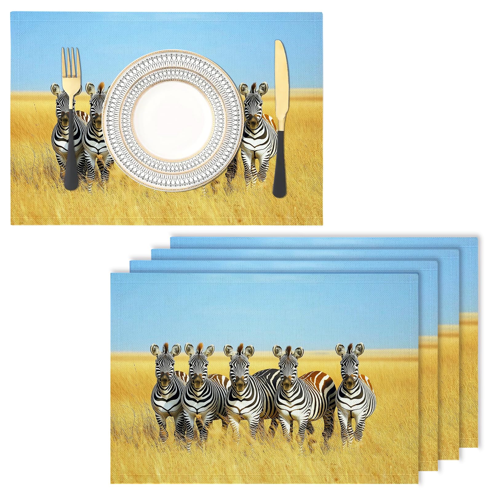grassland Cotton Linen Placemats - Set of 2 zebra Table Mats for Dining Kitchen Housewarming Wedding Thanksgiving