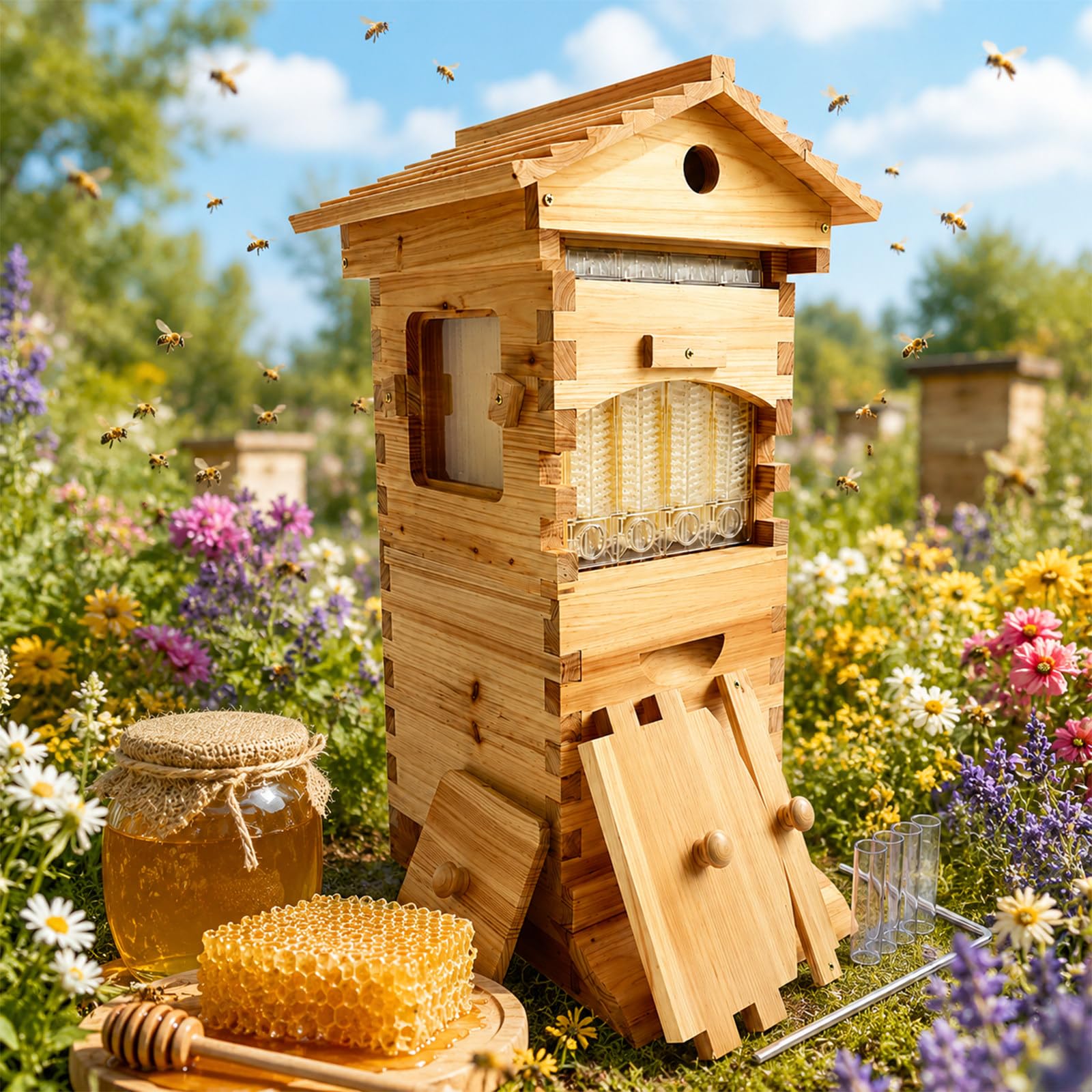 XEEAOFE Beekeeping Starter Kit & Flow Hive, Wax Coated Wooden Beehive with 4 Flow Frames & 6 Brood Frames, Honey Spout, for Beginners & Garden