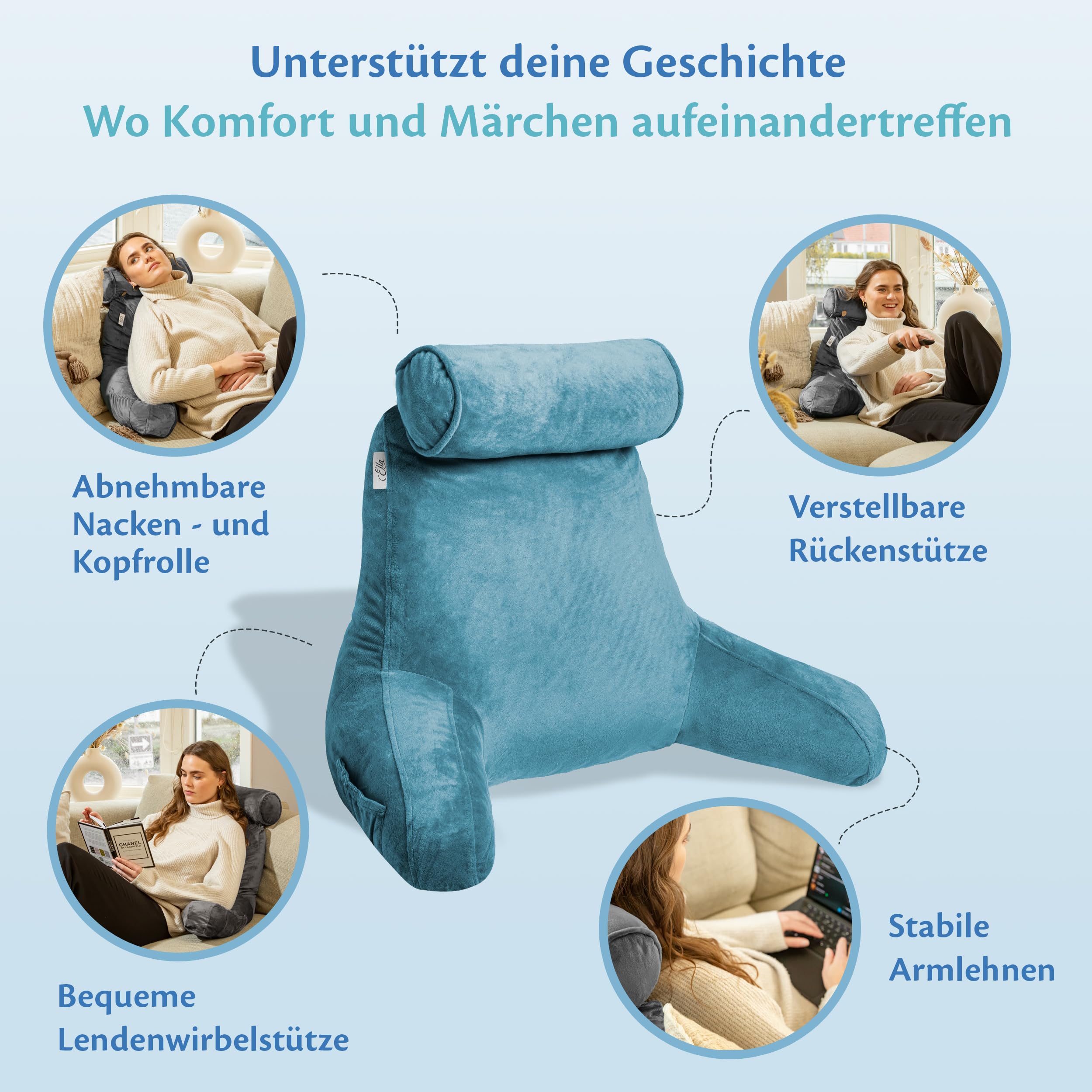 Ella Lesekissen für Bett und Sofa mit Abnehmbarer Nackenrolle - Rückenkissen Bett - Reading Pillow aus Memory Foam mit Armlehne, Ideal zum Lesen, Fernsehen, Faulenzen oder als Rückenstütze - Blau