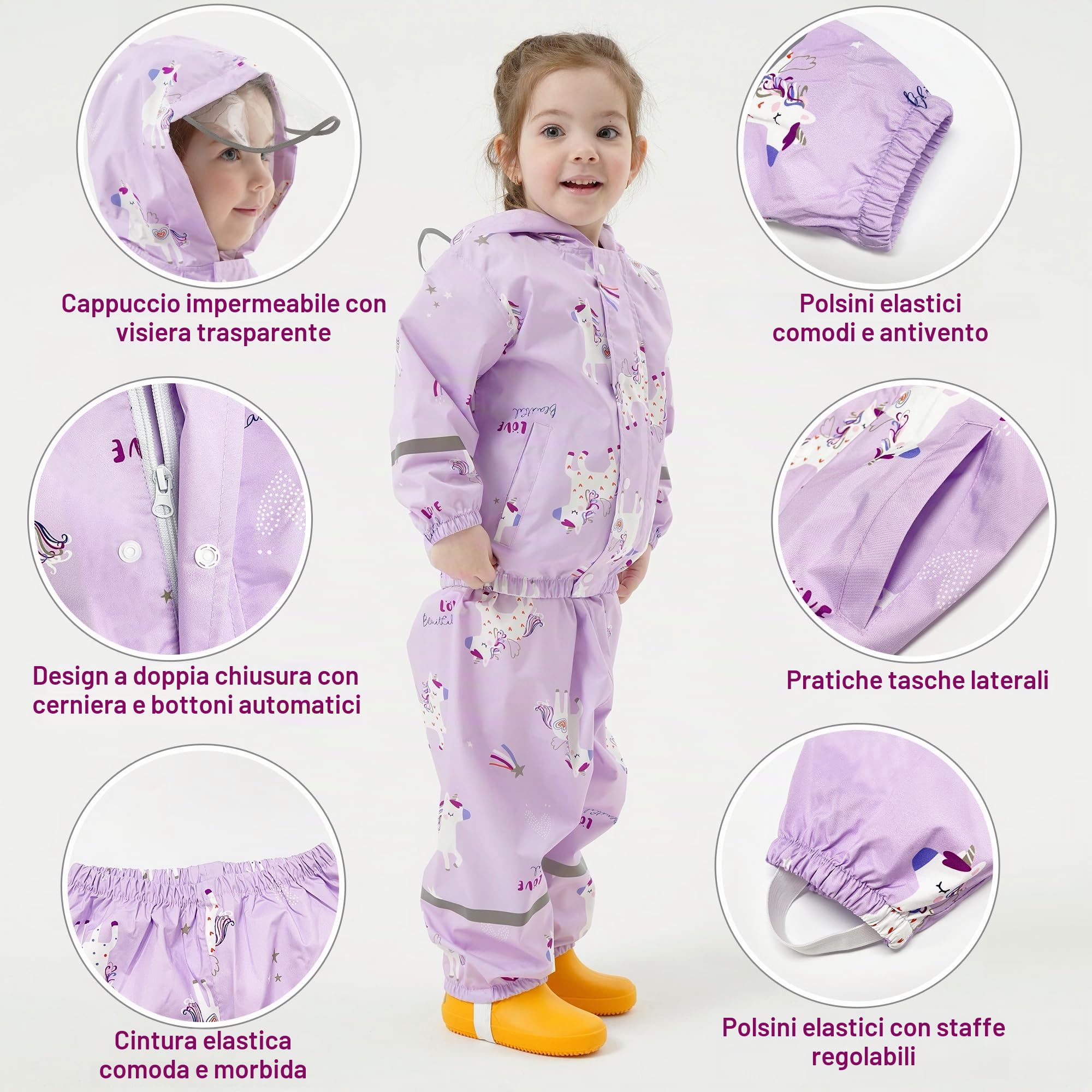 Fewlby Tuta Impermeabile Bambina - Giacca Antipioggia & Pantaloni Impermeabili 2 Pezzi Set, Tuta Pioggia Bambino Mantellina Impermeabile con cappuccio Pantaloni Antipioggia per 1-7 anni