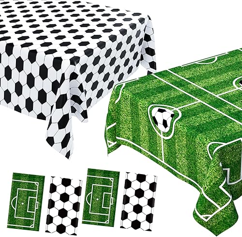 Miniatura 7 de Paquete de 4 manteles de plástico para decoración de fiesta de fútbol, manteles desechables para fiestas temáticas de fútbol, manteles para