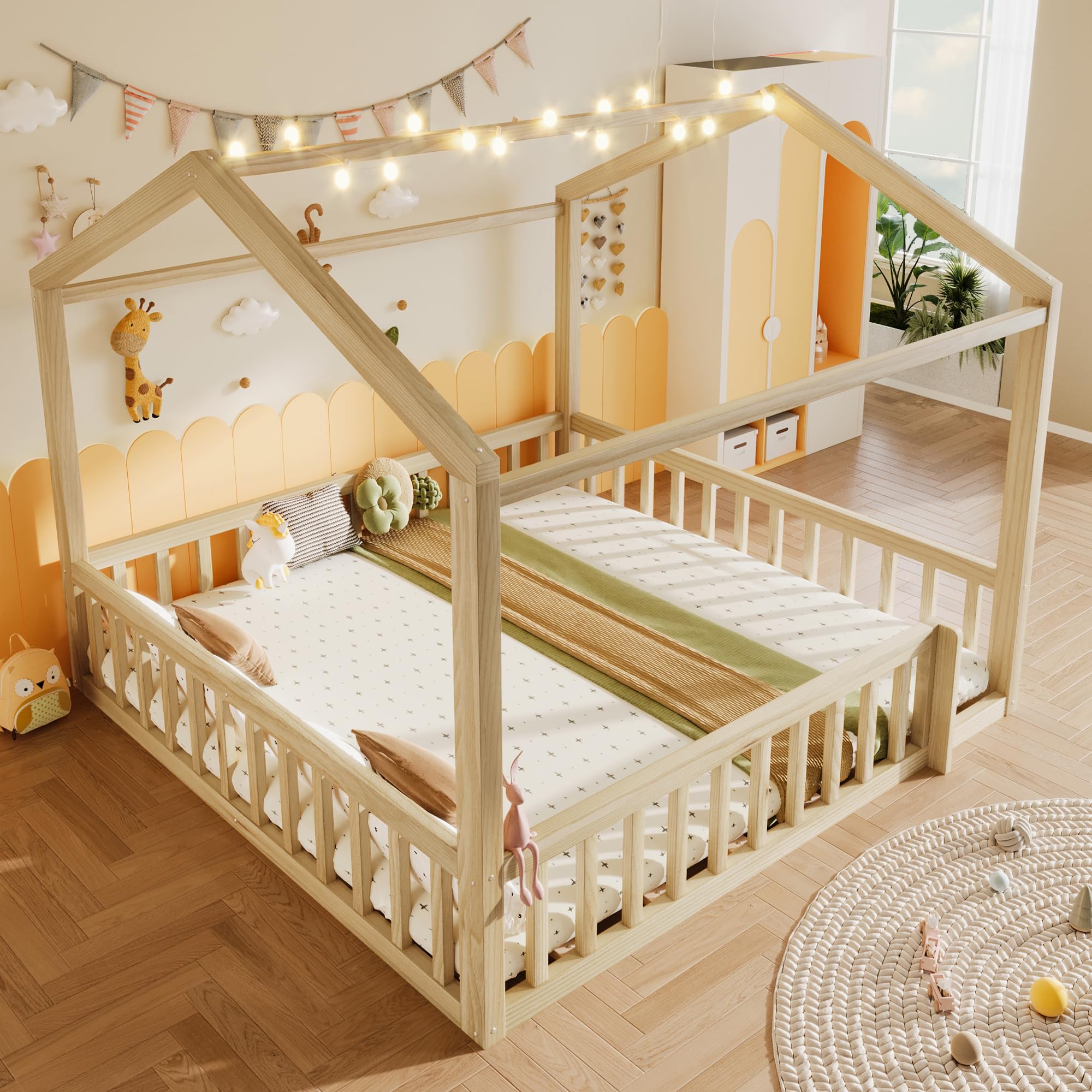 Soweiz Letto piano con rete a doghe, 90 x 190 cm x 2/180 x 190 cm, lettino con griglia, listello in legno di pino, senza materasso, perline LED (naturale)