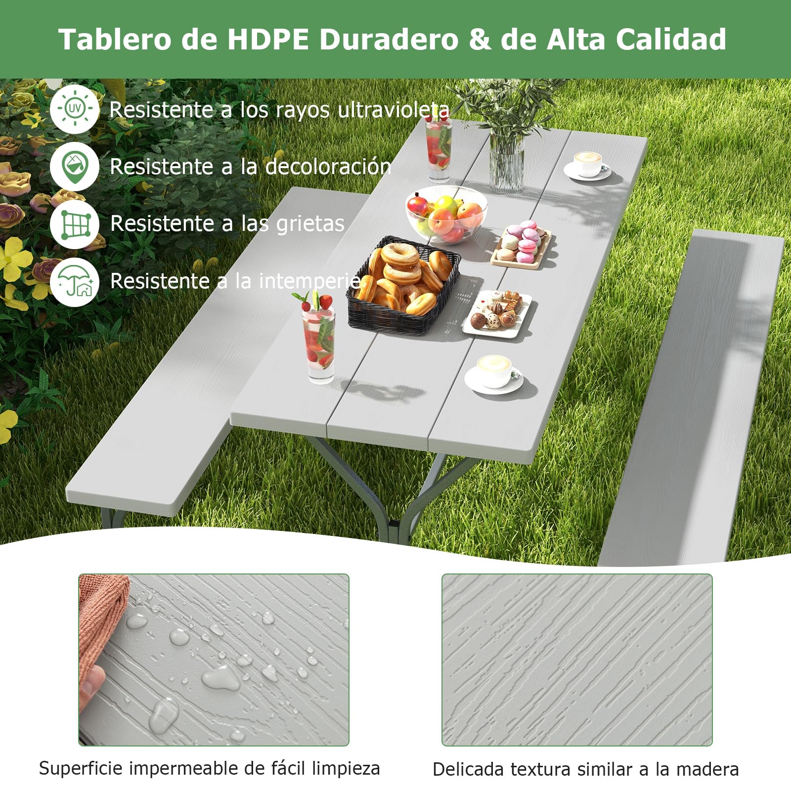 COSTWAY Conjunto Mesa y Banco de Picnic de 8 Personas, 2 Bancos con Marco de Metal y Mesa de HDPE, Mesa y Sillas Camping, Orificio para Sombrilla, 183 x 161 x 76 cm (Gris)