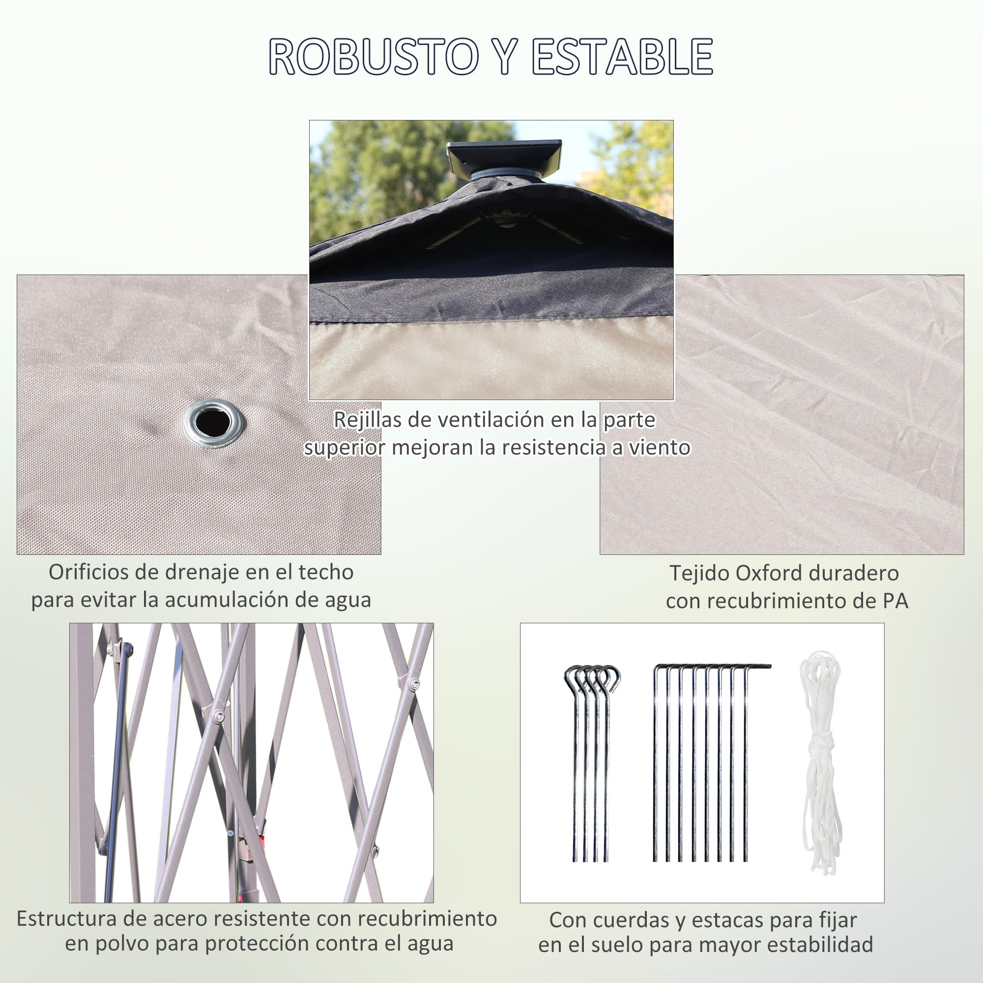 Outsunny Carpa Plegable con Luces LED 3,3x3,3 m Cenador de Jardín con Control Remoto 4 Paredes Laterales de Malla Altura Ajustable y Bolsa de Transporte para Patio Fiestas Beige