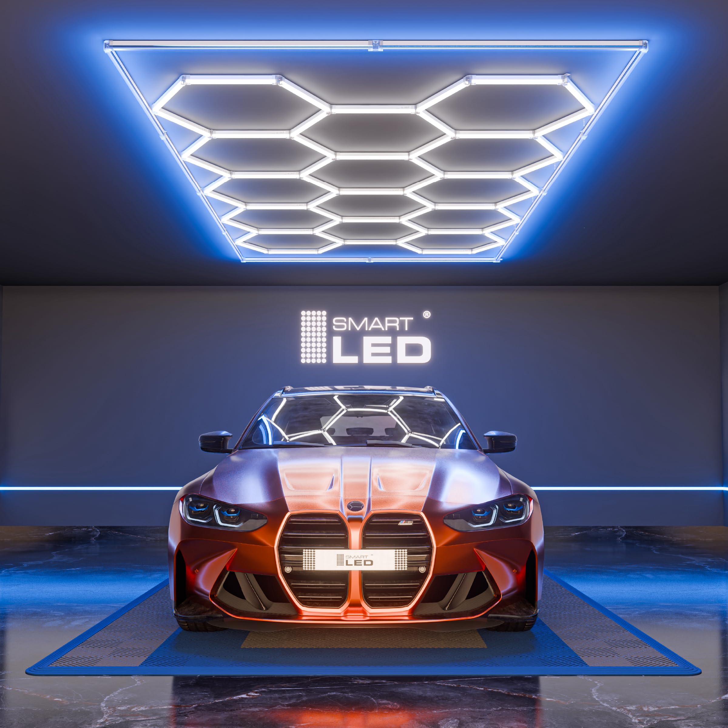 Hexagon LED Deckenlampe 484x243 cm – 64er Set Werkstattbeleuchtung 500W 57500lm – Kaltes Licht+blau – IP54 flimmerfrei – LED Garagenbeleuchtung, Tattoo, Detailing, (484x243CM, blauer Rahmen)