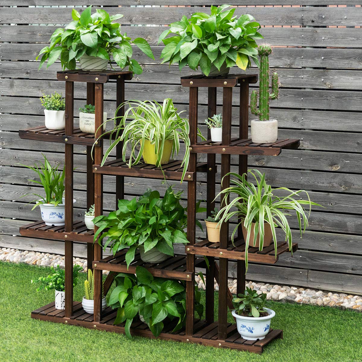 GIANTEX Étagère à Fleurs en Bois à 6 Niveaux, Porte Plante avec 9 Tablettes, Étagère Plante Extérieure Intérieur,Idéal pour Terrasse Balcon Maison Jardin,125 x 25 x 114 cm