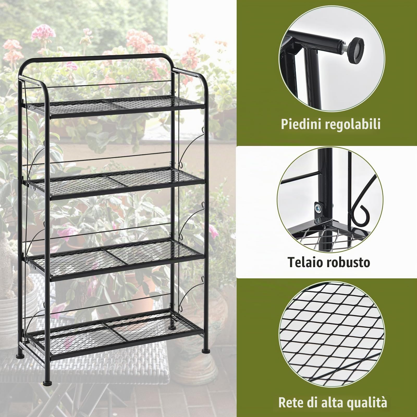 HOMASIS Scaffale per Piante a 4 Ripiani, Portavaso Pieghevole, Porta Piante Fioriere in Metallo, Scaffale Multiuso e Alzato per Balcone, Giardino, Senza Installazione, 60 x 25 x 100 cm, Nero