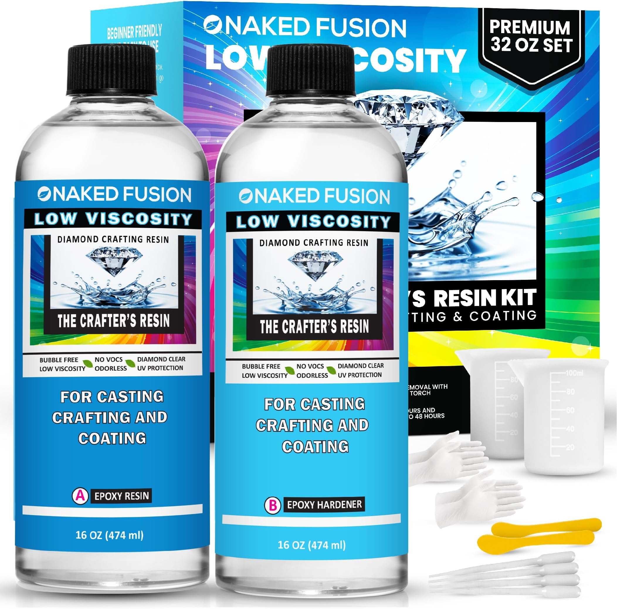 32 OZ KIT Epoxy Resin, Craft Art Resin -The Crafters Resin Crystal Clear Casting, Silicone Molds, Flowers, DIY, Art, Wood, River Table, Countertop, Food Safe, Non-Toxic- Heat Resistant