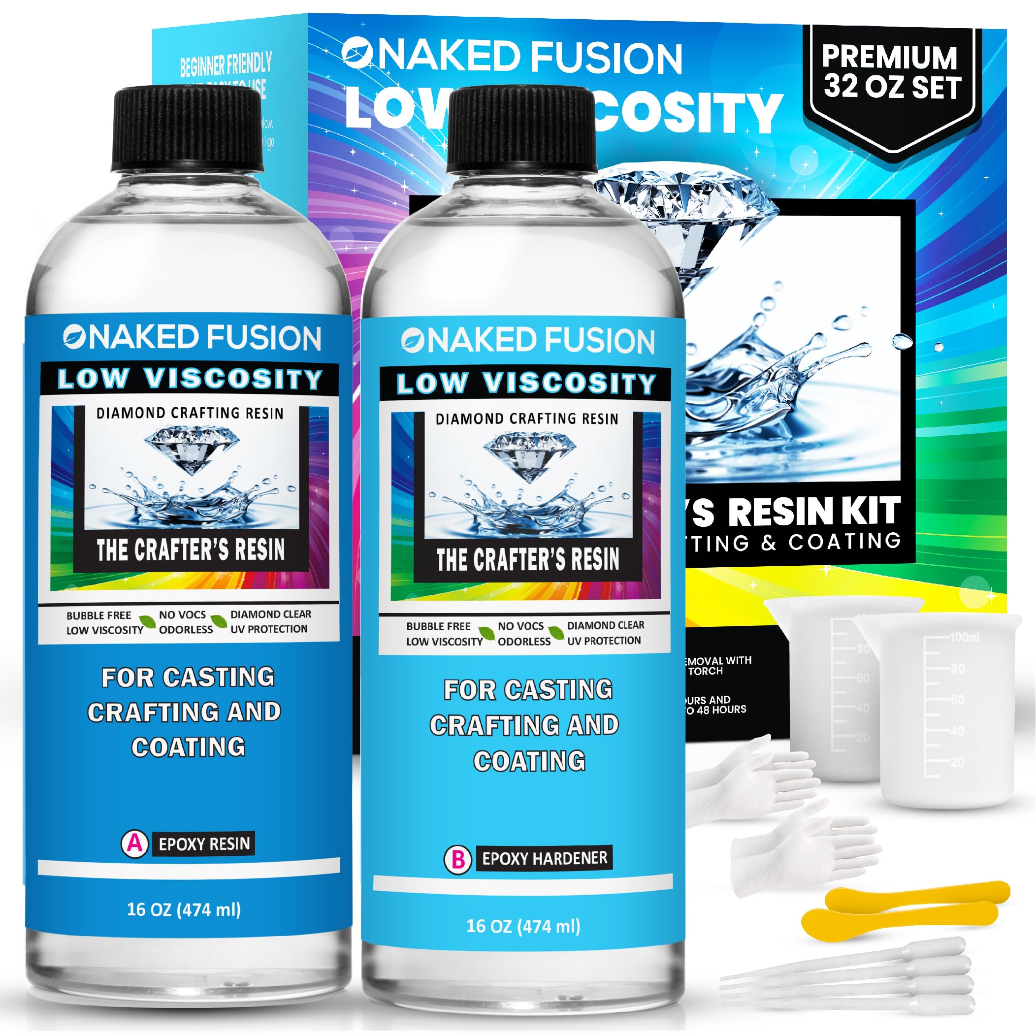 32 OZ KIT Epoxy Resin, Craft Art Resin -The Crafters Resin Crystal Clear Casting, Silicone Molds, Flowers, DIY, Art, Wood, River Table, Countertop, Food Safe, Non-Toxic- Heat Resistant