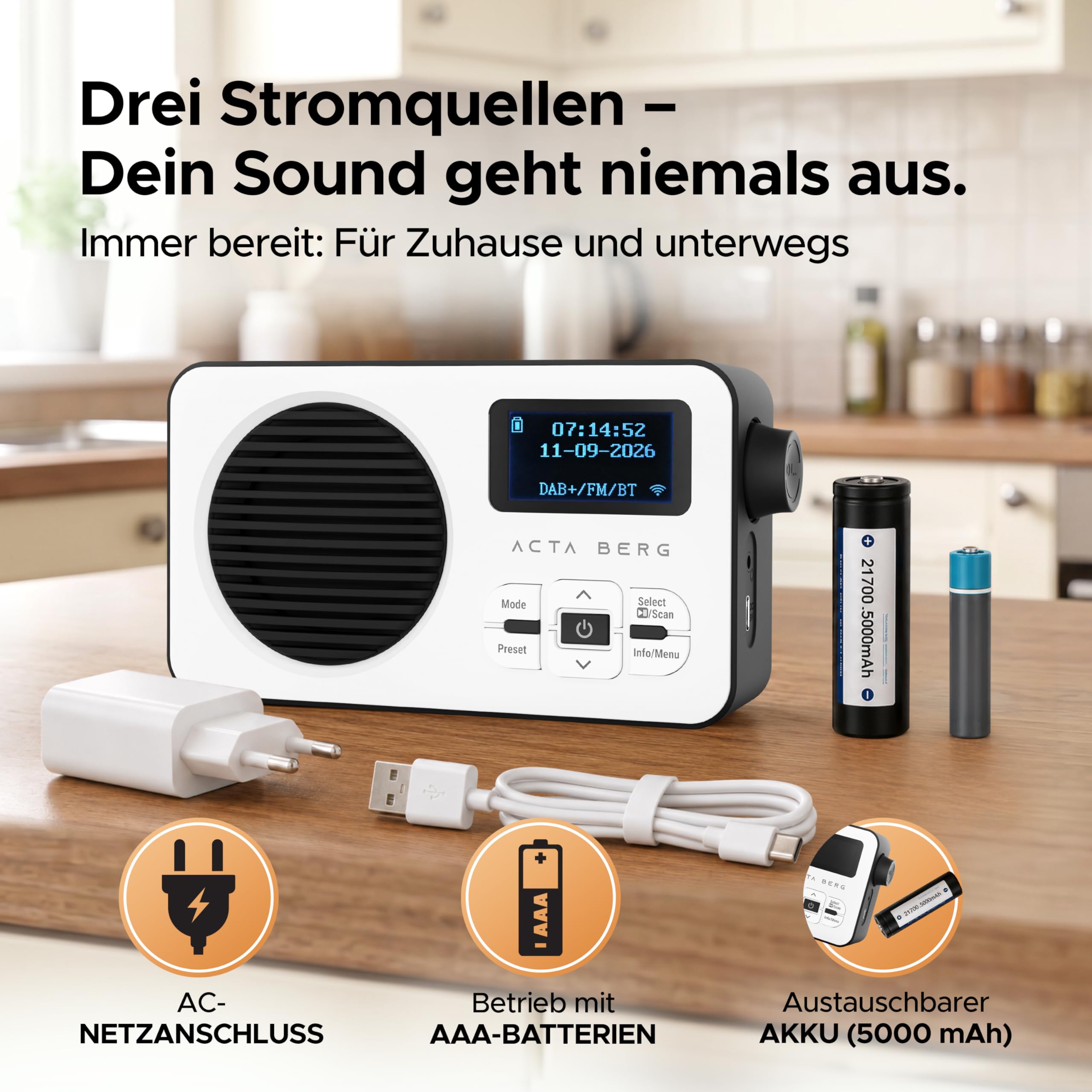 Acta Berg DAB Radio mit Akku 5000 mAh austauschbar & BT 5.3 (Weiß/Schwarz) | DAB+/UKW-Radio, Akku austauschbar + Netzstecker, 80 Senderspeicher, USB-C, tragbares Digitalradio, mit Wecker & Timer