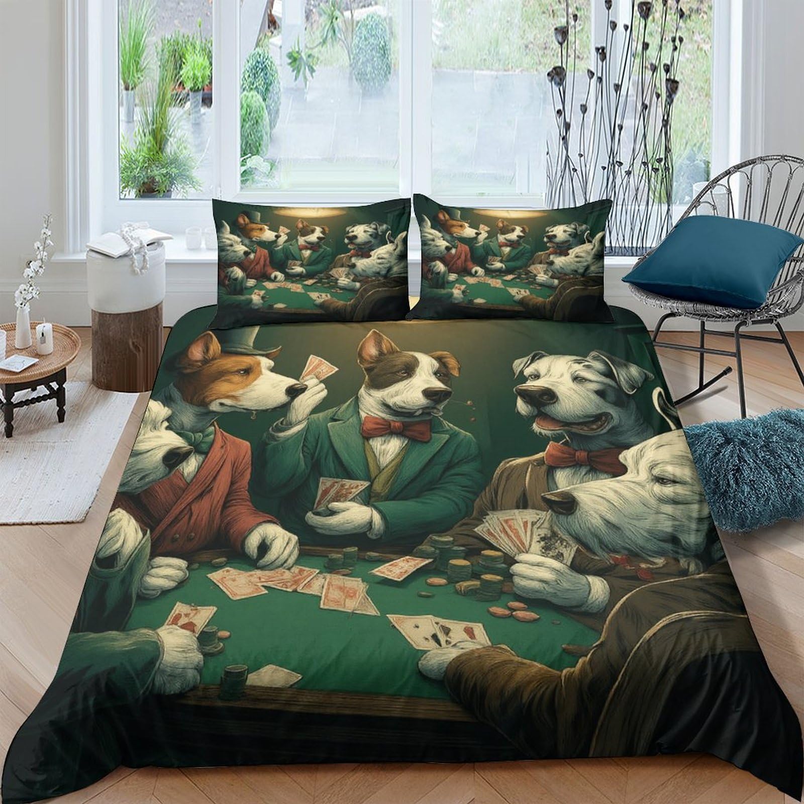 Ctjqhvkz Style-9 3D Printed Poker Dogs Fitted Sheet Microfiber Soft Green Table Art Bed Cover For Bedroom Guest Room Decor Single（135X200cm）