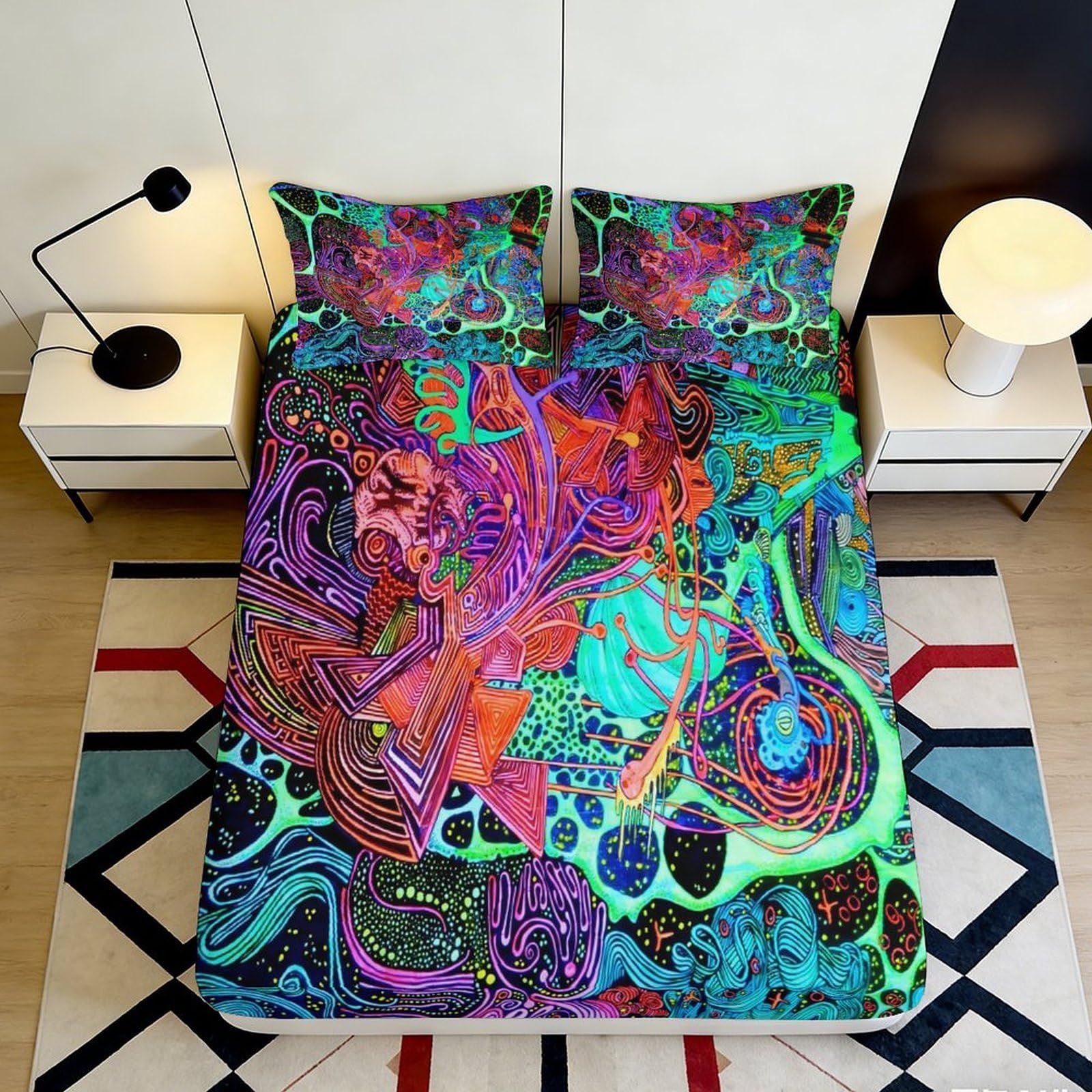 Qjzxknhpgr Style-9 3D Printed Psychedelic Abstract Fitted Sheet Microfiber Soft Breathable Neon Swirl Mattress Cover Bedroom Decor 90X200x25cm