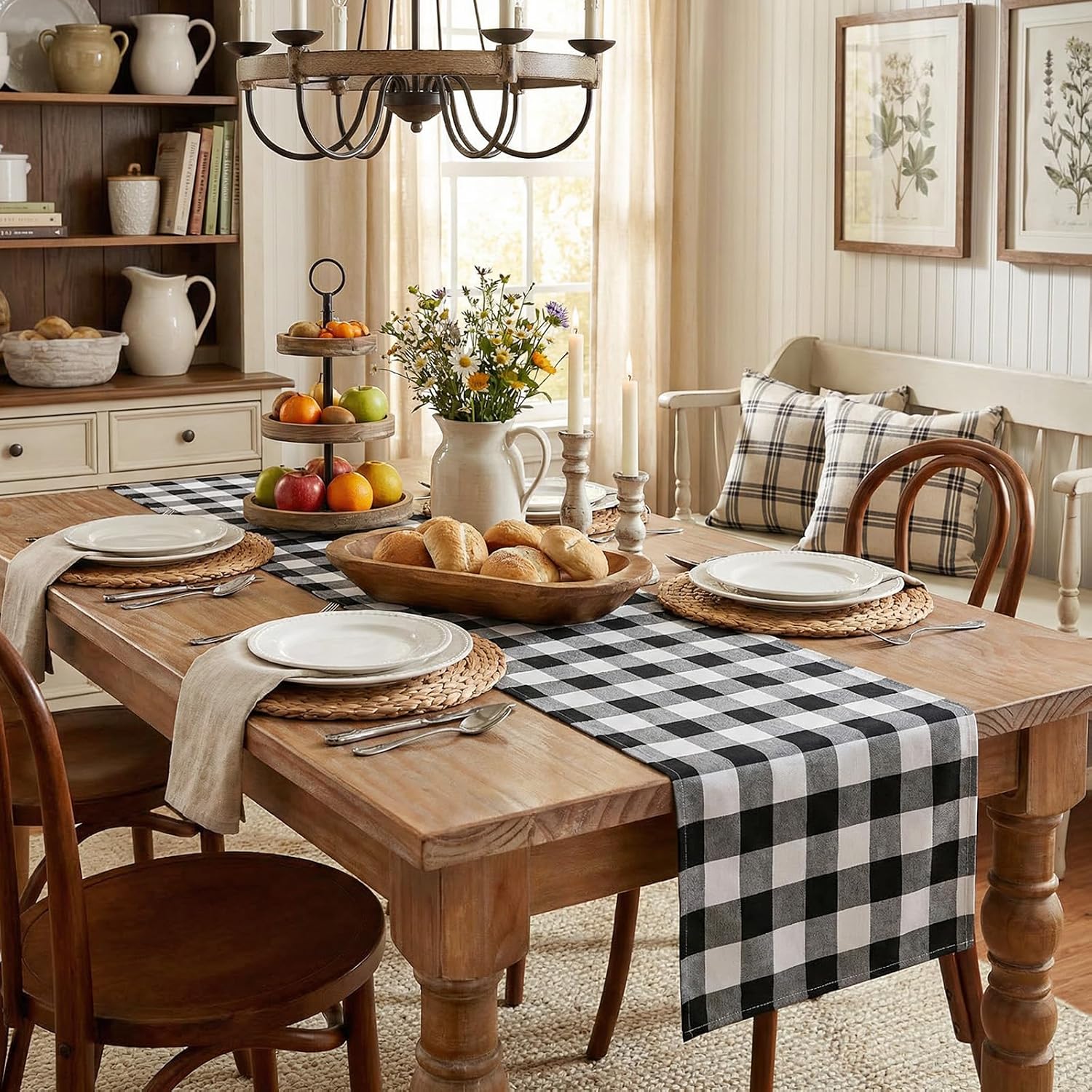 Buffalo Plaid Table Runners 2 Packs 13x84 Inches Black and White Check Table Runner Fall Thanksgiving Table Runners for Parties