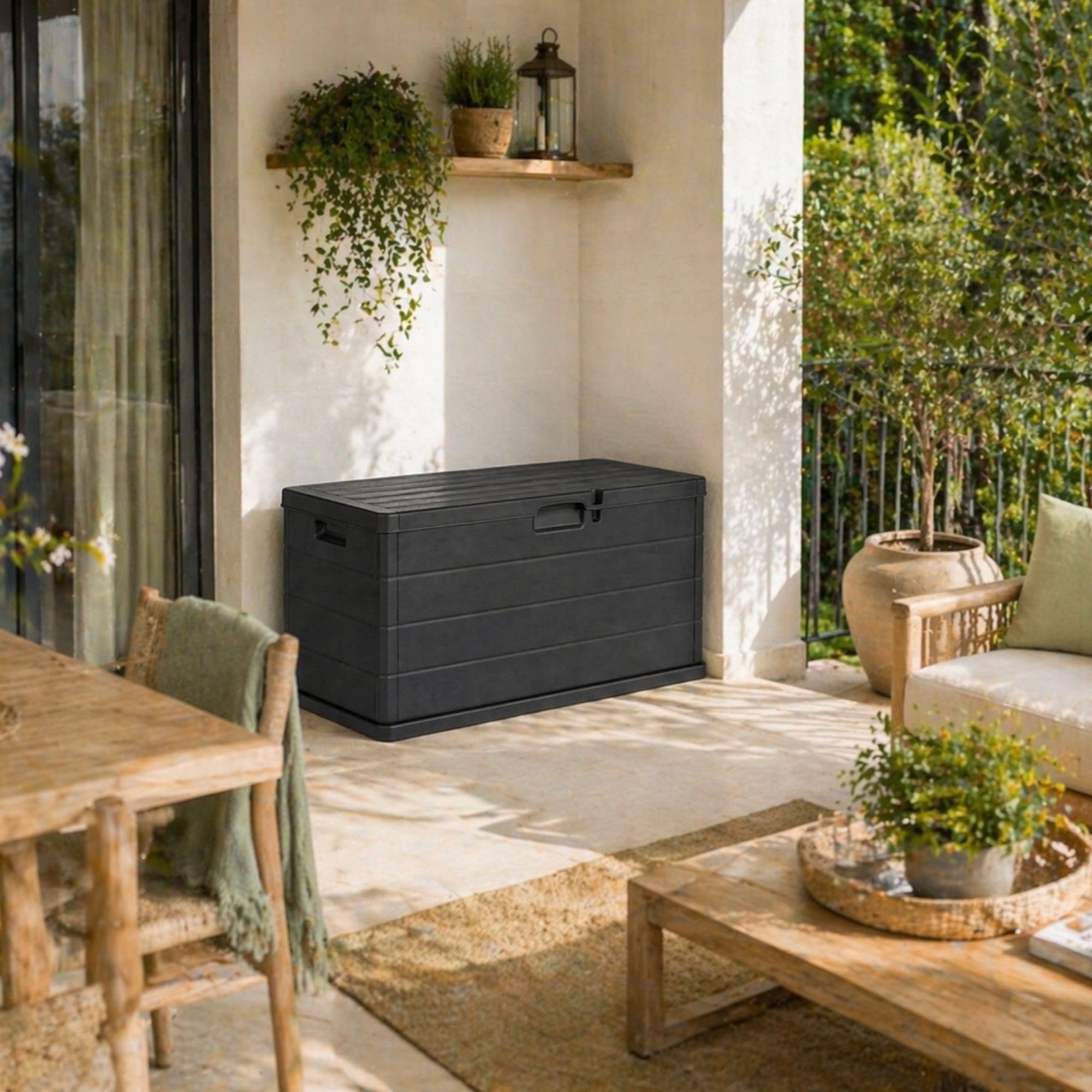 Kissenbox wetterfest 340L – Auflagenbox Gartenbox aus Kunststoff, abschließbar, UV-beständig, wetterfest, in Kunststoff in Holzoptik, mit Rollen, für Balkon, Terrasse, Garten