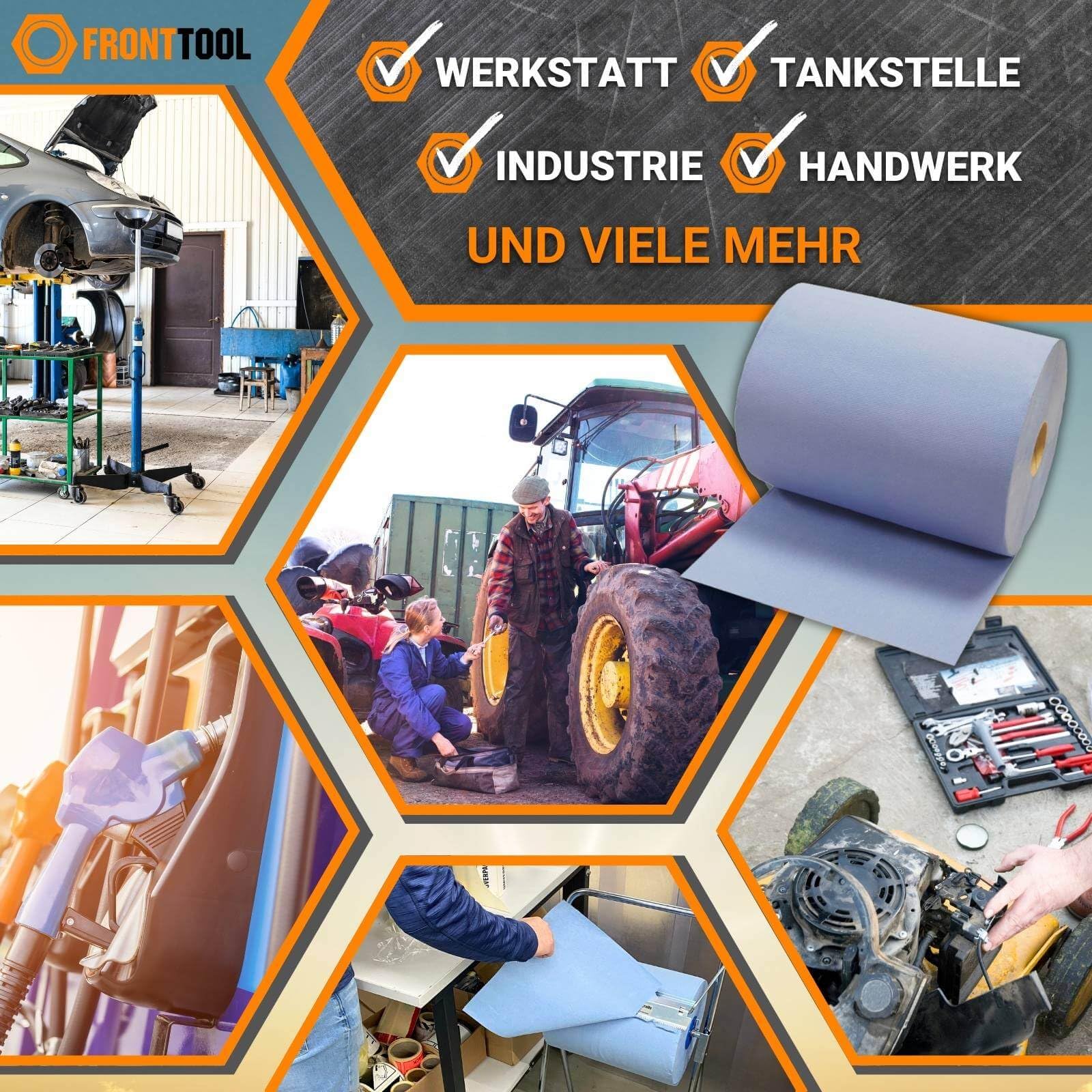 FRONTTOOL Putzrolle Werkstatt 3-lagig | 2 Rollen + Metallständer | 500 Abrisse | Zellulose Putztuch für Werkstatt & Garage | Saugfähig bei Öl & Fett | Inklusive Metallständer mit Schiene