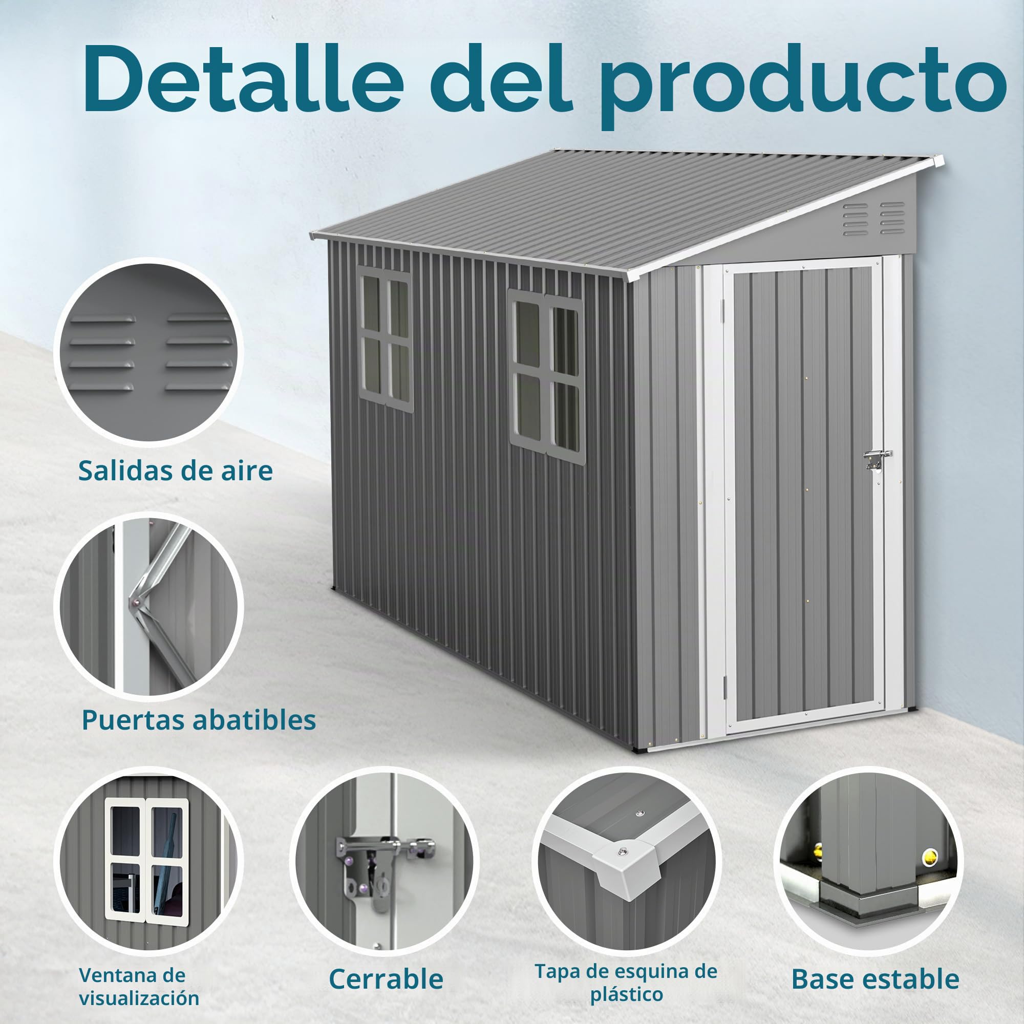 Cobertizo de herramientas de metal de 4x10 pies con diseño de tejado a dos aguas/tejado inclinado con doble puerta que se abre hacia la izquierda/derecha y 2 ventanas. Cobertizo de herramientas