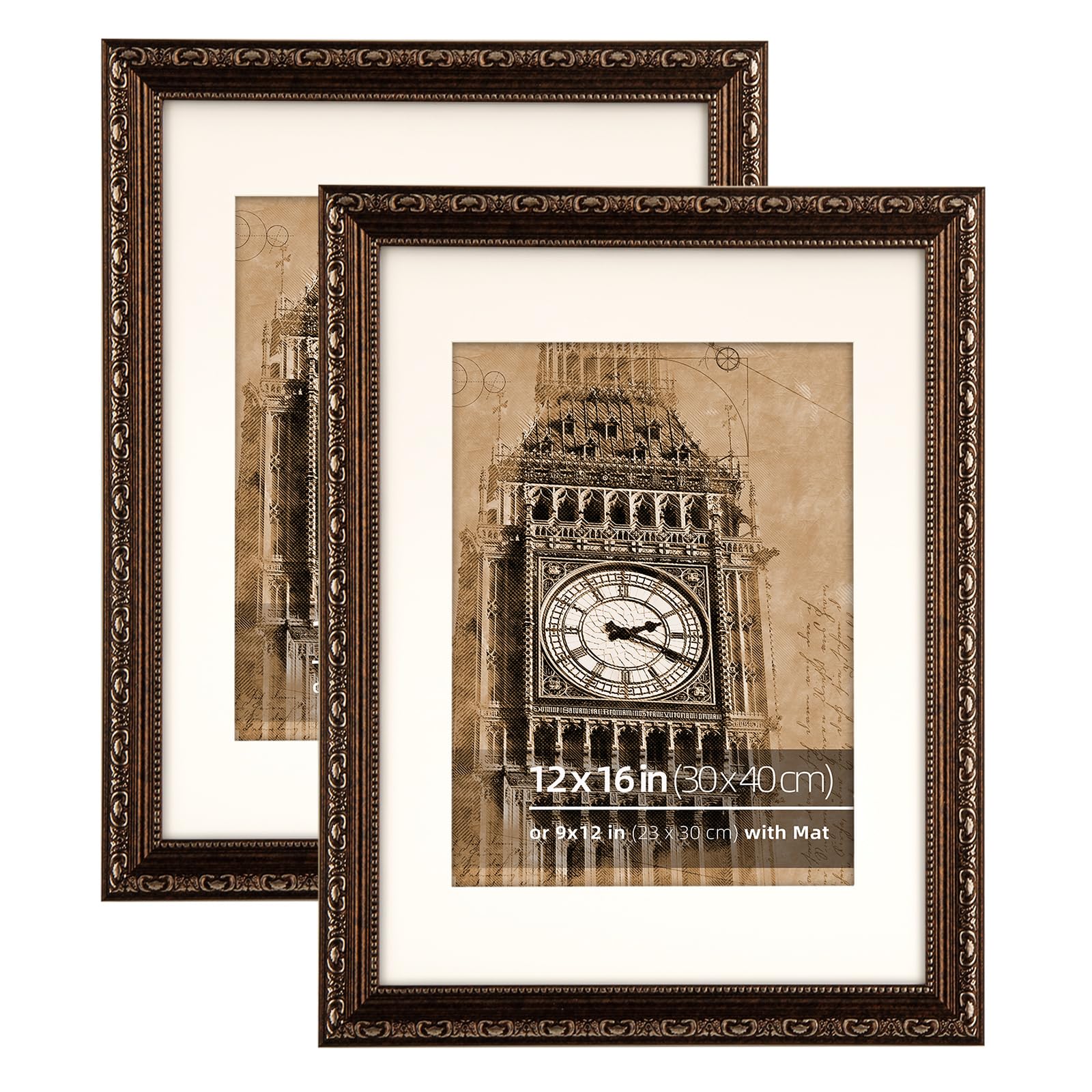 12x16 Antique Dark Brown Scrollwork Ornate Classic Picture Frame, With Mat for 9x12 inches Posters Fine Arts Paintings, Plexi Glass Covering, 2 Pack