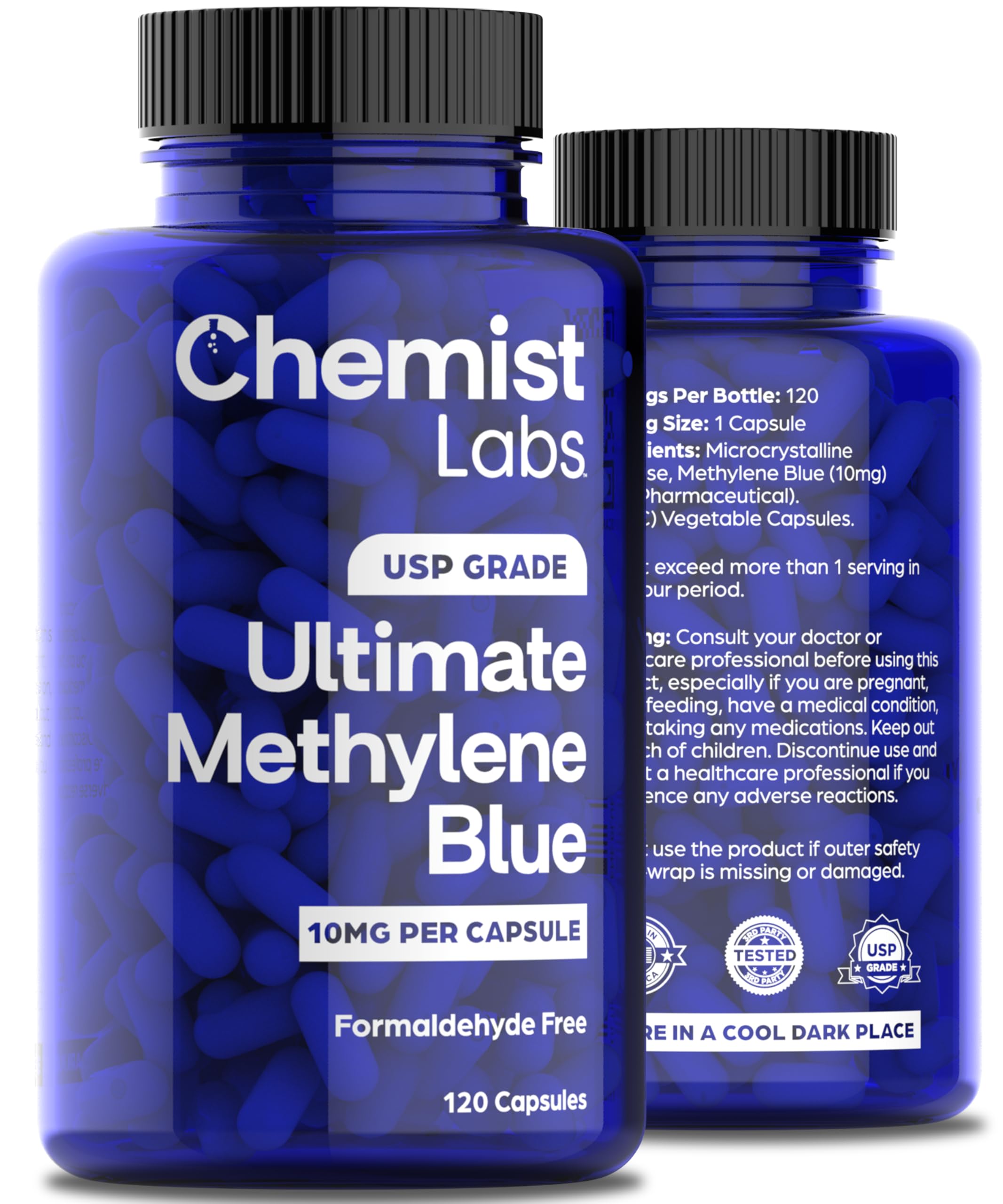 Methylene Blue Capsules for Humans - USP Grade 99% Purity, Pharmaceutical Grade Methylene Blue, 3rd Party Tested, Supports Cellular & Mitochondrial Function.