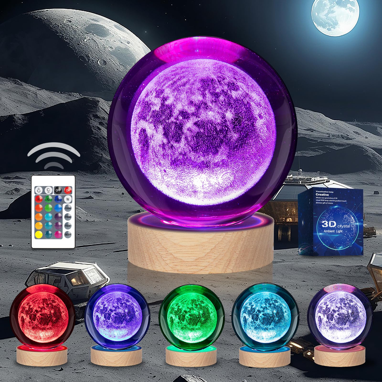 SIMONLIN 3D Crystal Ball Moon Lamp, Planet Crystal Ball Night Light Gifts for Kids Girls Women - 16 LED Colors Remote Control Wooden Base for Teens Bedroom Space Decor Birthday Gifts