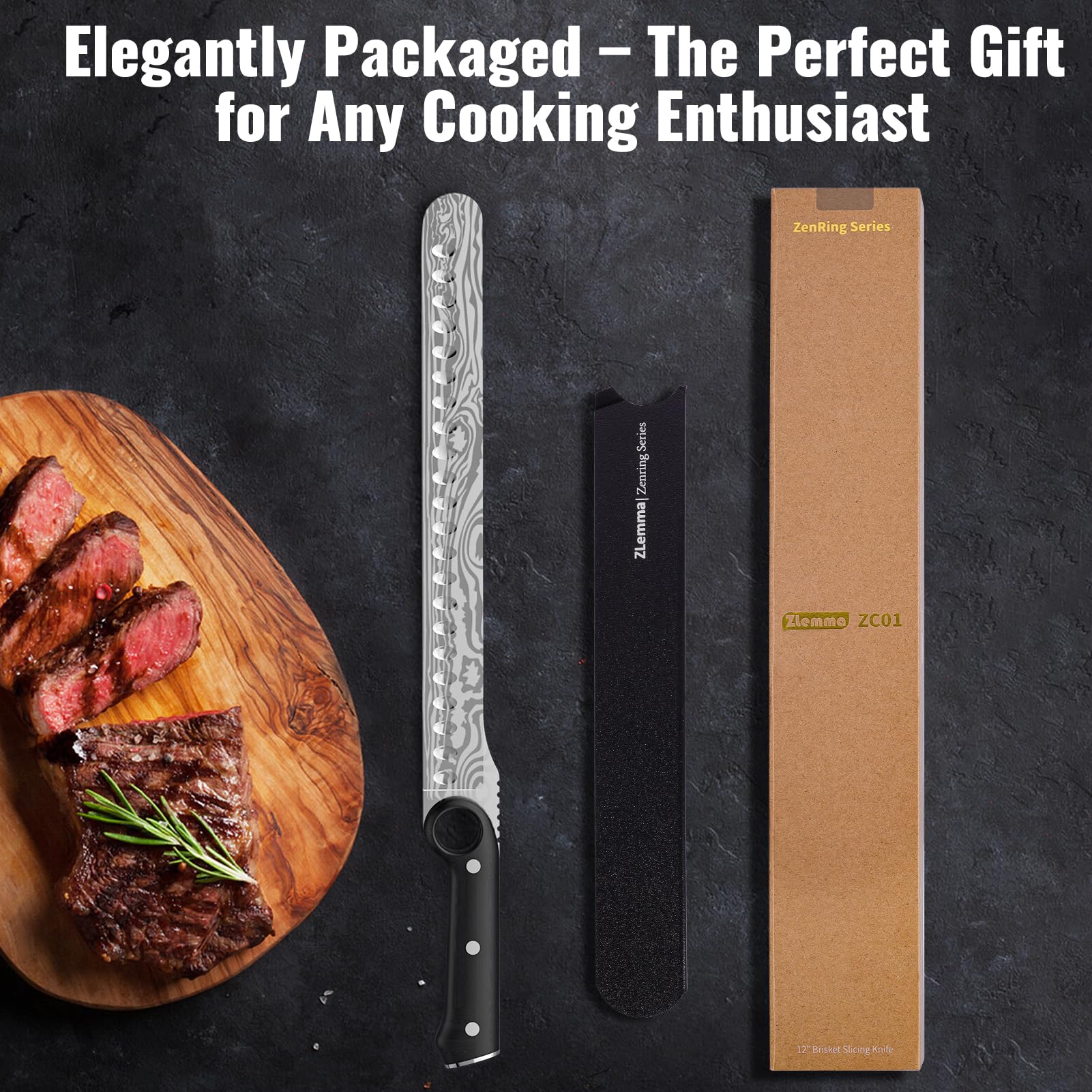Artisan - Couteau à jambon - Couteau à découper - 30 cm - Couteau à viande et à barbecue - En acier allemand - Poignée ergonomique avec fourreau