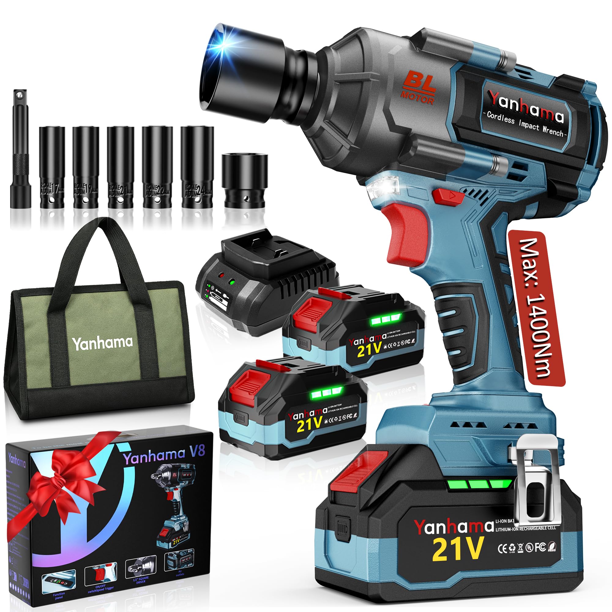 Llave De Impacto 1400 NM Led Llave De Impacto Profesional Set + Bolsa De Herramientas + Guantes - Regalo De Idea Para Bricolaje/Neumáticos De Camiones/Dispositivos Industriales