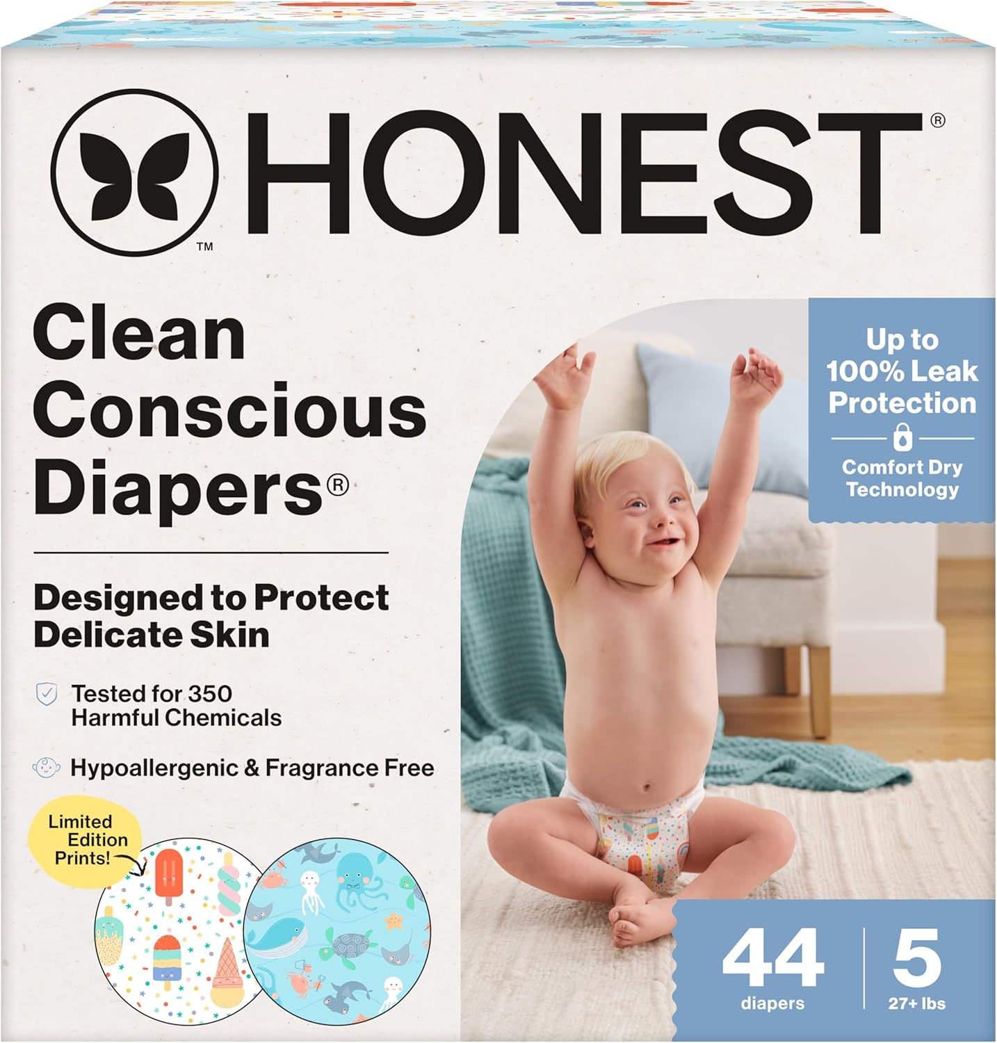 The Honest Company Clean Conscious Diapers for Sensitive Skin | Up to 100% Leakproof | Hypoallergenic, Fragrance Free | Summer '25 Limited Edition Prints | Club Box, Size 5 (27+ lbs), 44 Count Size 5 (44 Count)