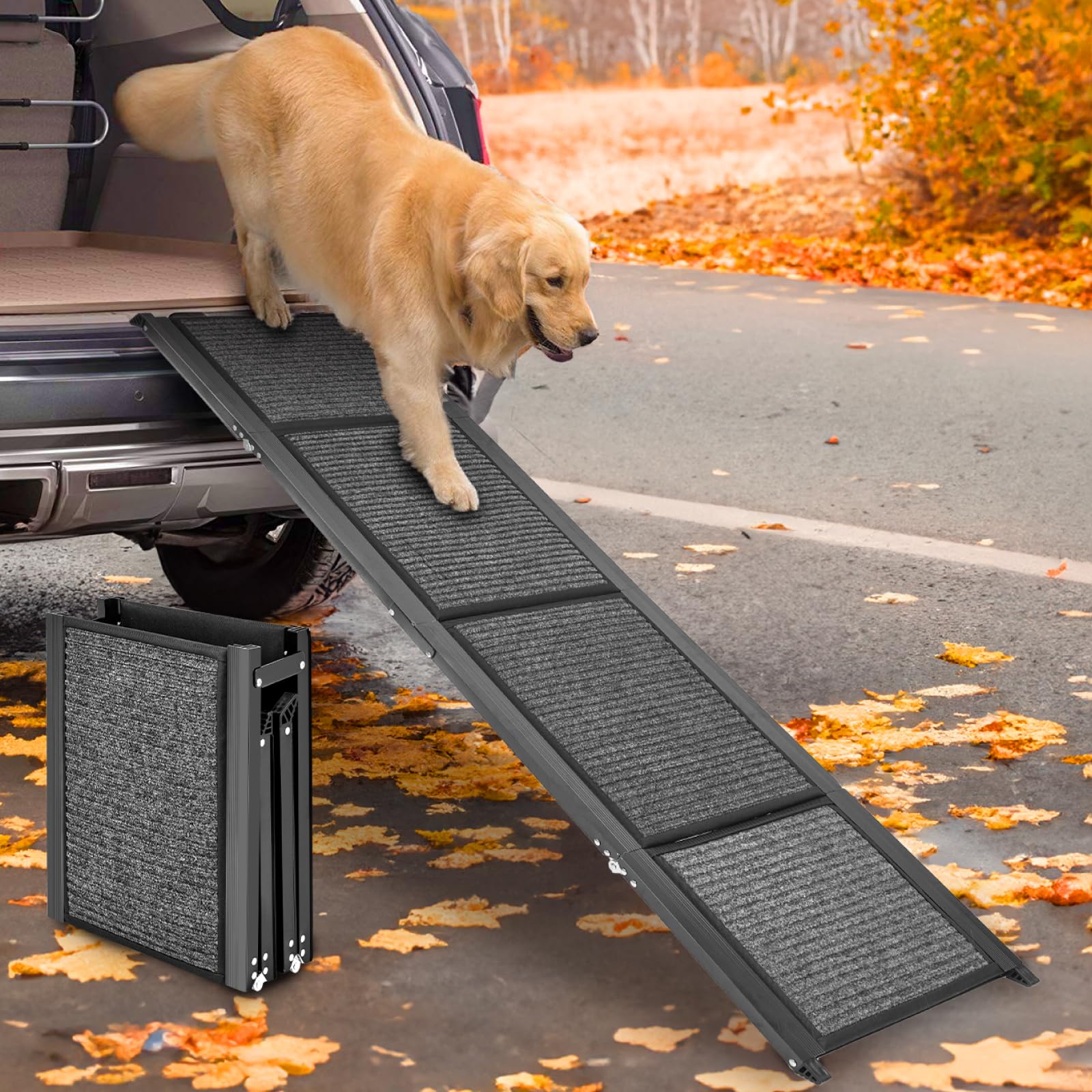 dog ramp for car, 71"x20" dog ramps for large dogs with anti-slip rug surface, folding dog ramp up to 300lbs, outdoor dog ramp for trucks & suv