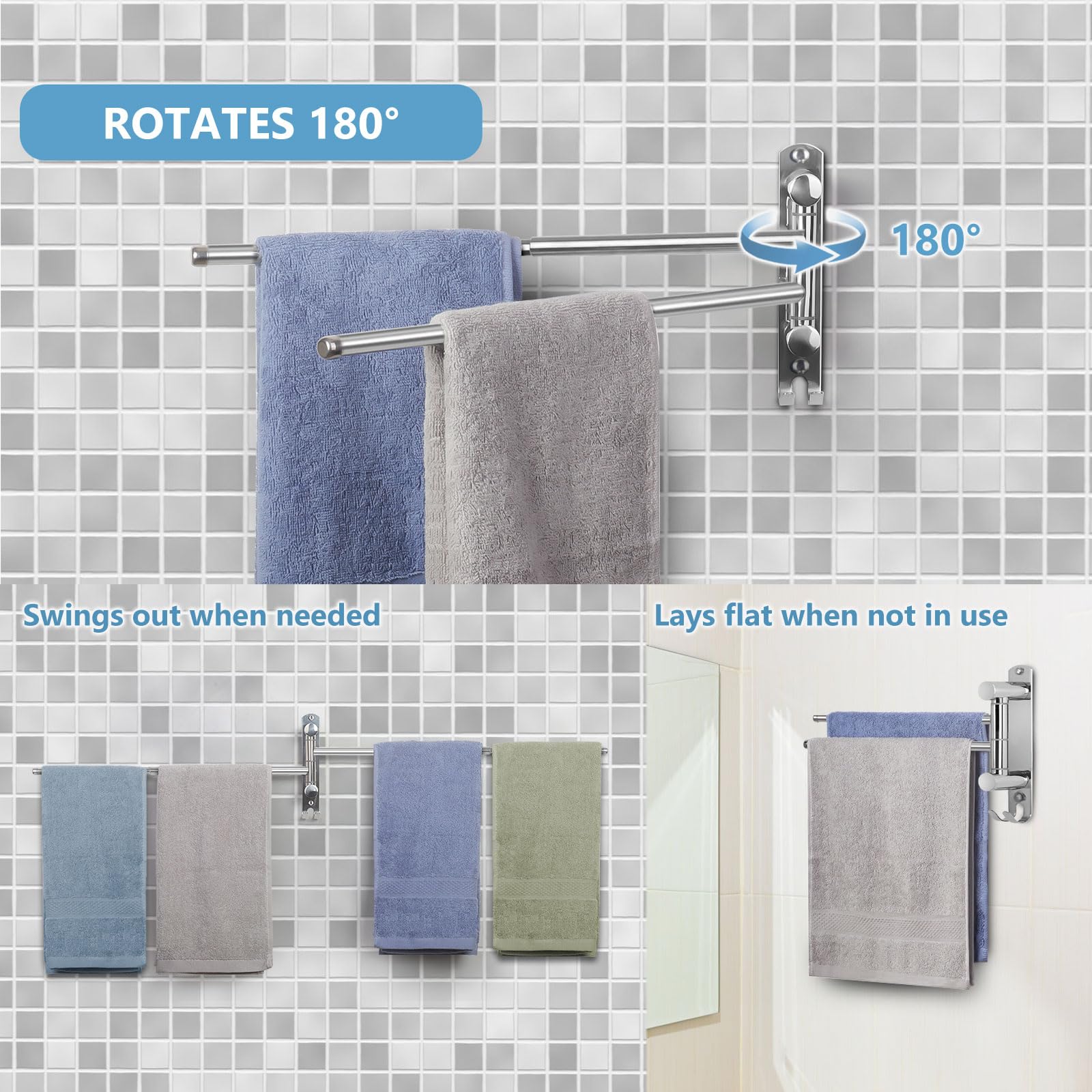 JSVER Portasciugamani Telescopico con 2 Barre per Bagno, Portasciugamani da Parete in Acciaio Inox SUS304, Camera da Letto, Cucina (Argento)