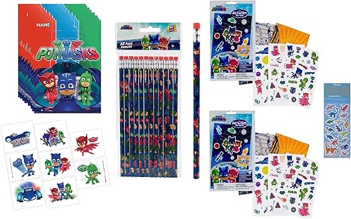 PJ Masks - Paquete de suministros para fiesta de cumpleaños que incluye 8 bolsas de botín de plástico, 8 tatuajes, 12 lápices, 6 hojas de