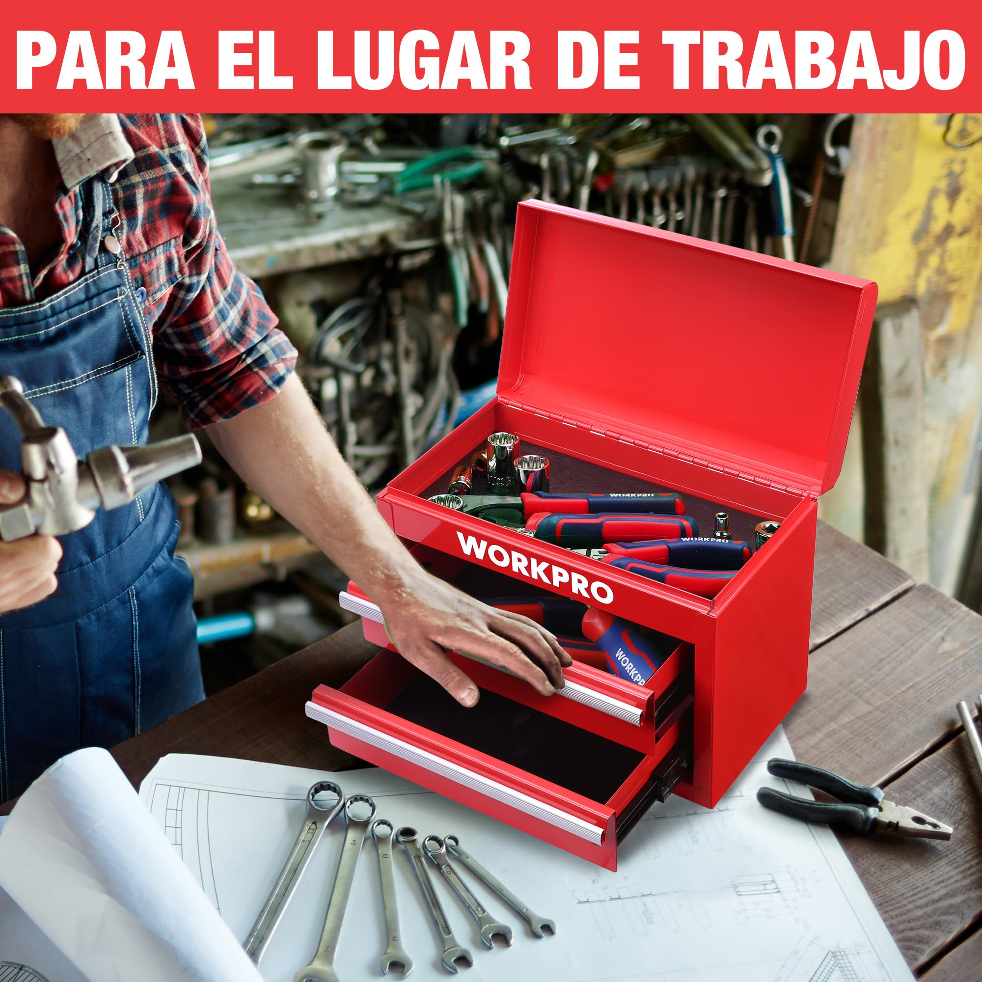 WORKPRO Caja de Herramientas Metálica con 2 Cajones, Organizador Pequeño con Cerradura, Ideal para Guardar Herramientas, Material de Oficina, Joyería y Accesorios en Hogar o Taller - Rojo