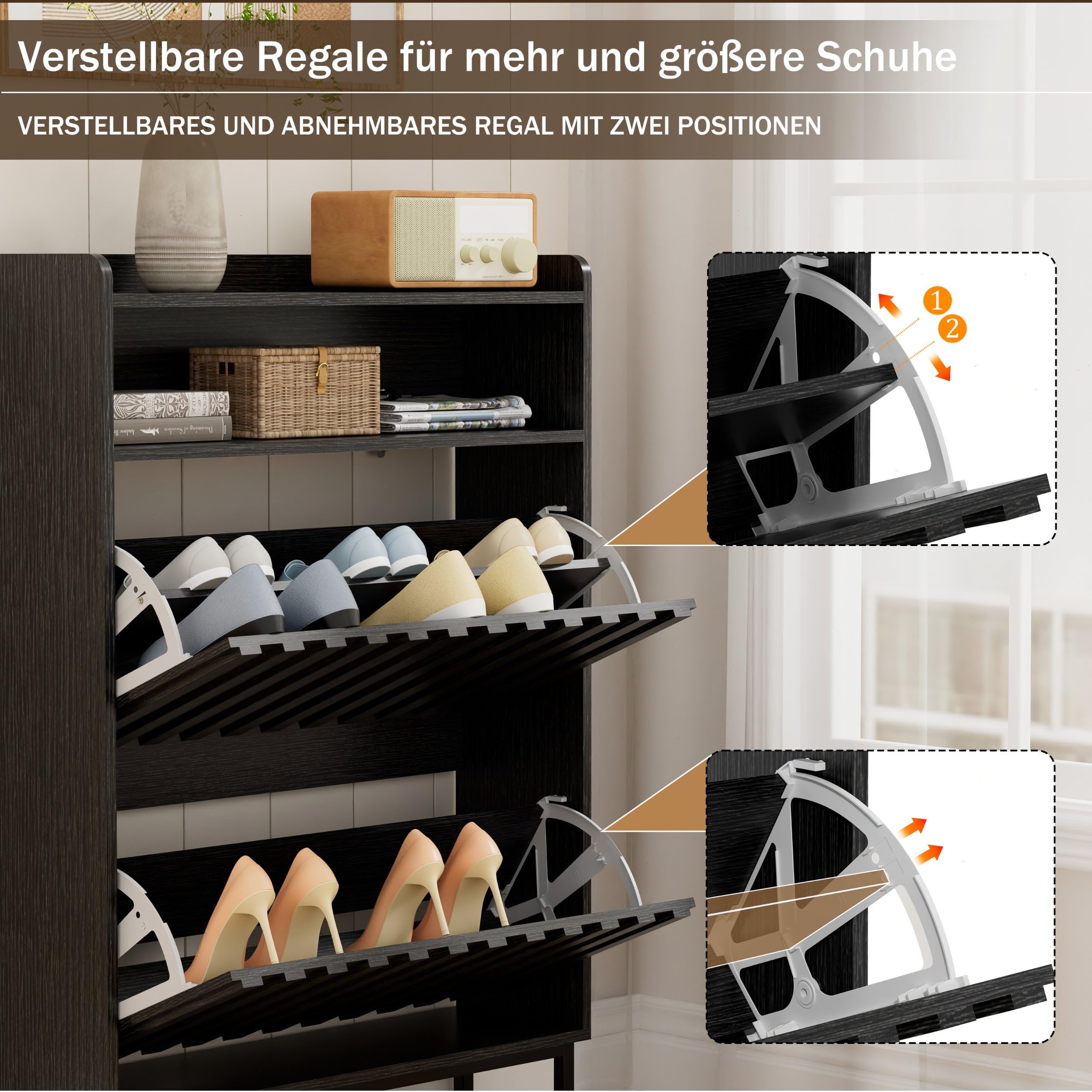 UEV Schuhschrank mit 2 Klappen Schmal, Schuhkipper für Flur Wohnzimmer, Schuhkommode mit Kippschutz, Schuhaufbewahrung, Verstellbare Trennwände für Verschiedene Schuhtypen Schwarz