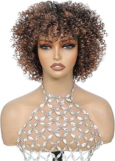 Ombre Brown Highlight Short Curly Wig with Bangs 3C Curls Glueless Ready to Wear Friendly for Beginner Kinky Curly Wig Synthetic Afro Wigs for Women 1B/30