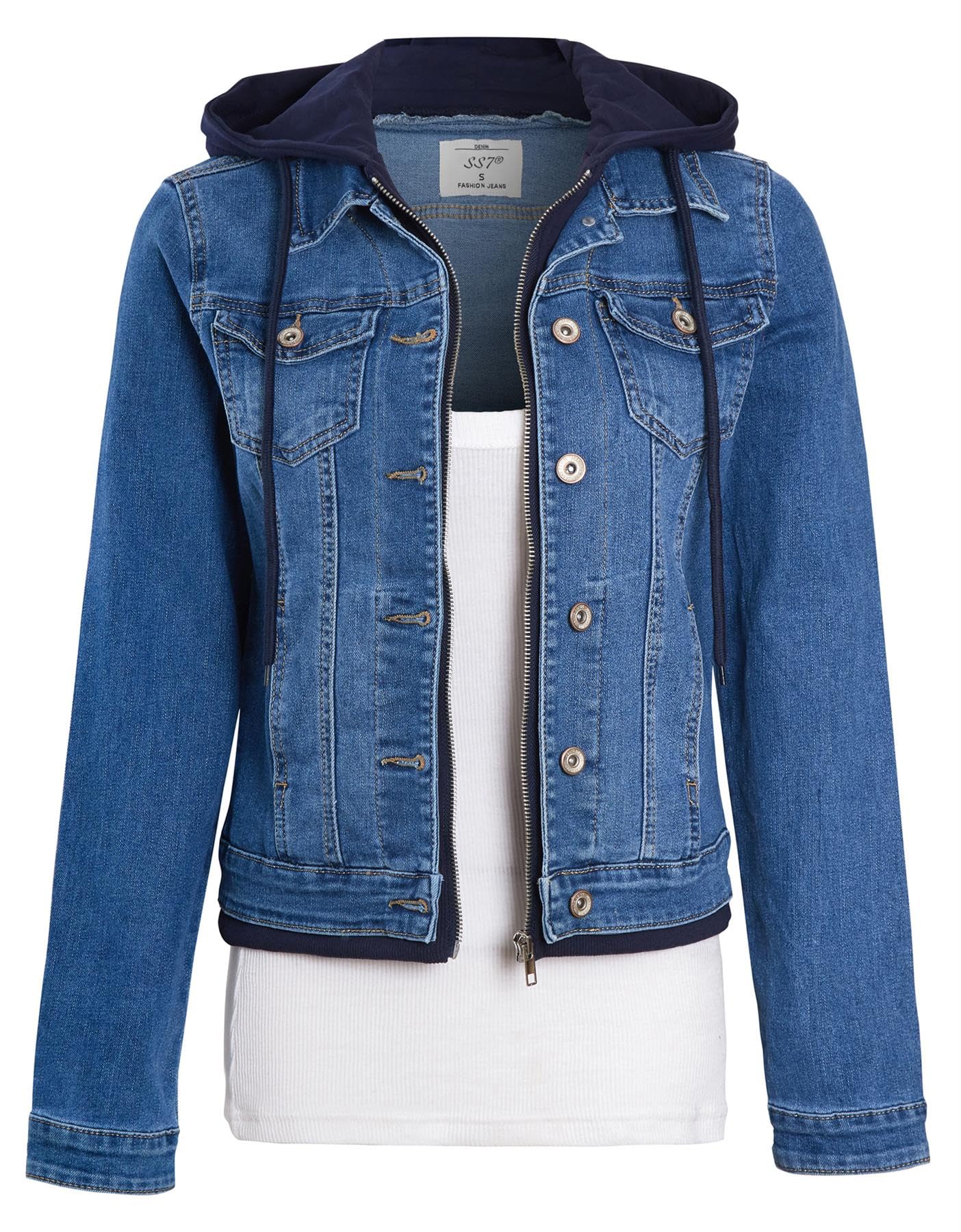 SS7Womens Jersey Hood Denim Jacket Mid Blue